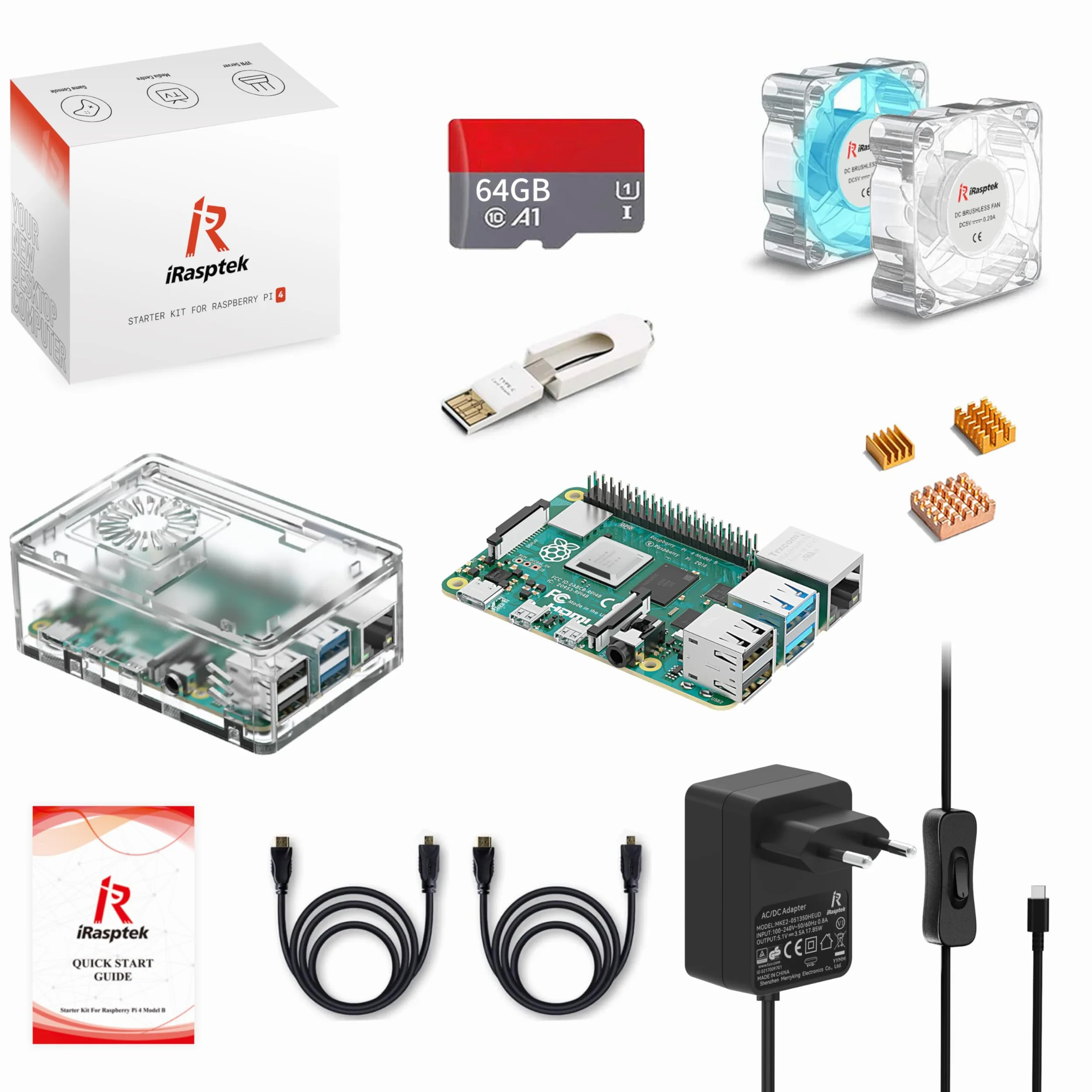 iRasptek Starter Kit For Raspberry Pi 4B 4GB RAM - Edizione 64GB SD, Noobs Preinstallato