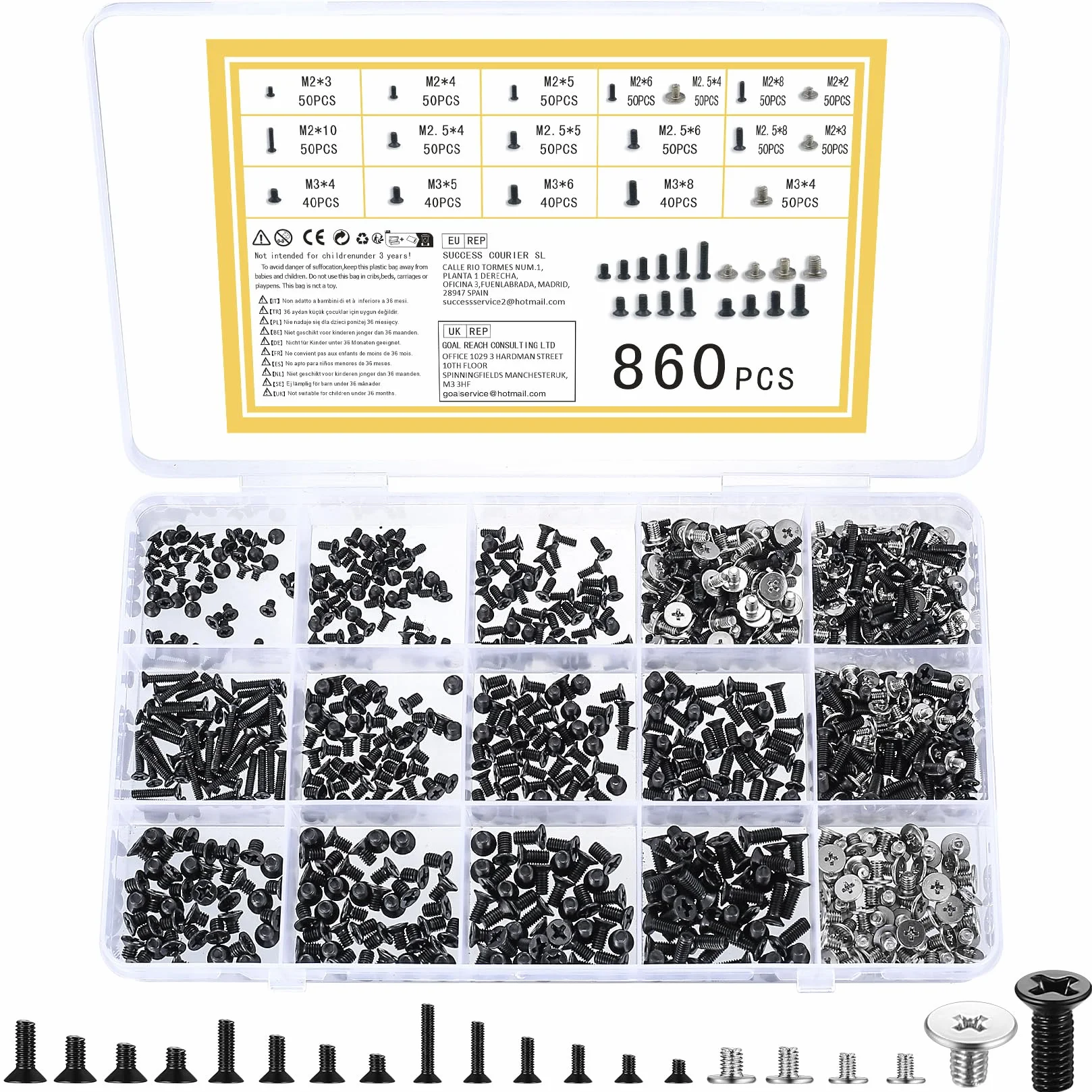 Set di 860 viti M2 M2.5 M3, micro viti di riparazione a testa svasata per computer HDD M.2 SSD Laptop PC