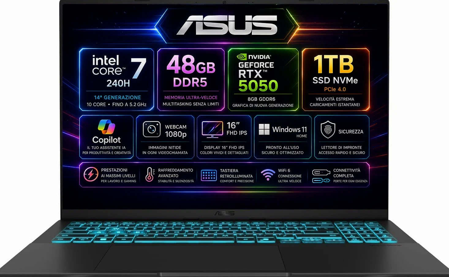 ASUS Computer Portatile PC Gaming 16" FHD IPS, Intel Core 7 240H 5,2GHz, RAM 48GB DDR5, SSD 1TB NVMe, NVIDIA RTX 5050 8GB GDDR6, WiFi 6E, Copilot IA, Webcam 1080p, Tastiera Retroilluminata, Windows 11