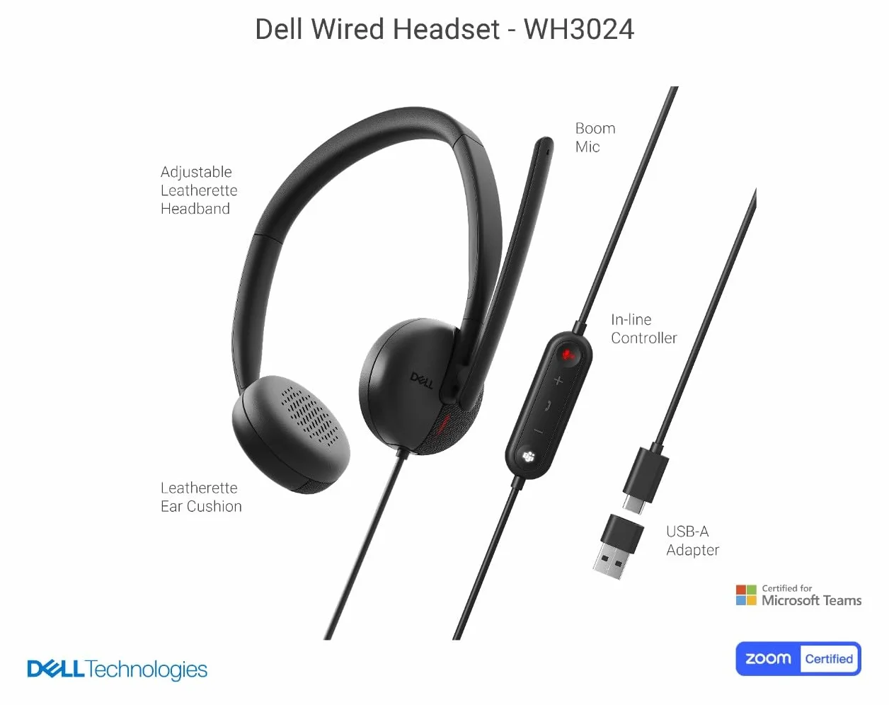 Dell Pro WH3024 - Casque filaire avec élimination du bruit par l IA. Dell WH3024-DWW