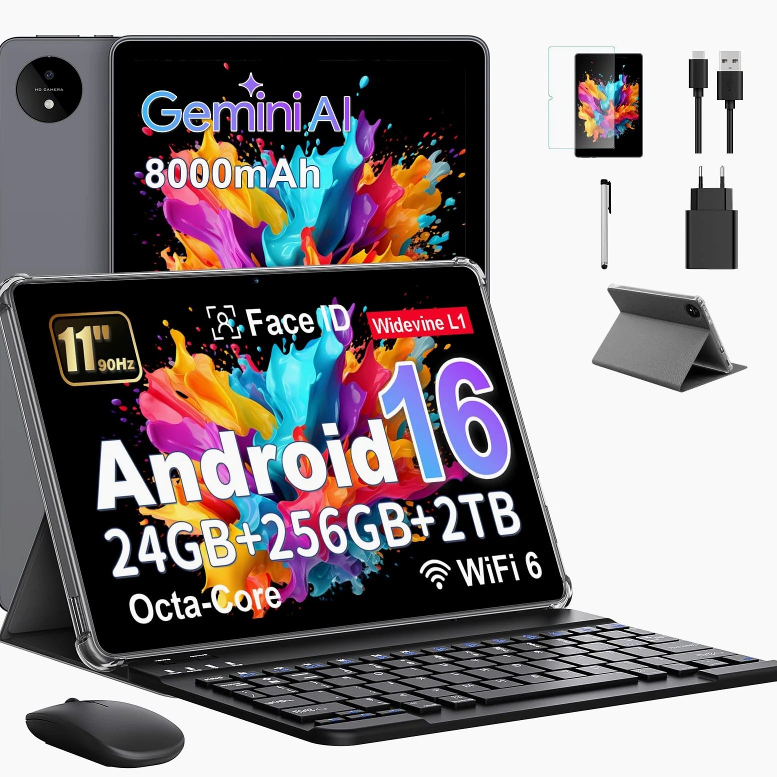 Tablet 11 Pollici con Gemini AI, Tablet Android 16 con Cover, Mouse & Tastiera, Octa-Core, 24 GB RAM + 256 GB ROM + 2 TB TF, 1920x1200 Display HD, 90 Hz, Fotocamera Doppia 8MP + 13MP, 8000mAh (Grigio)