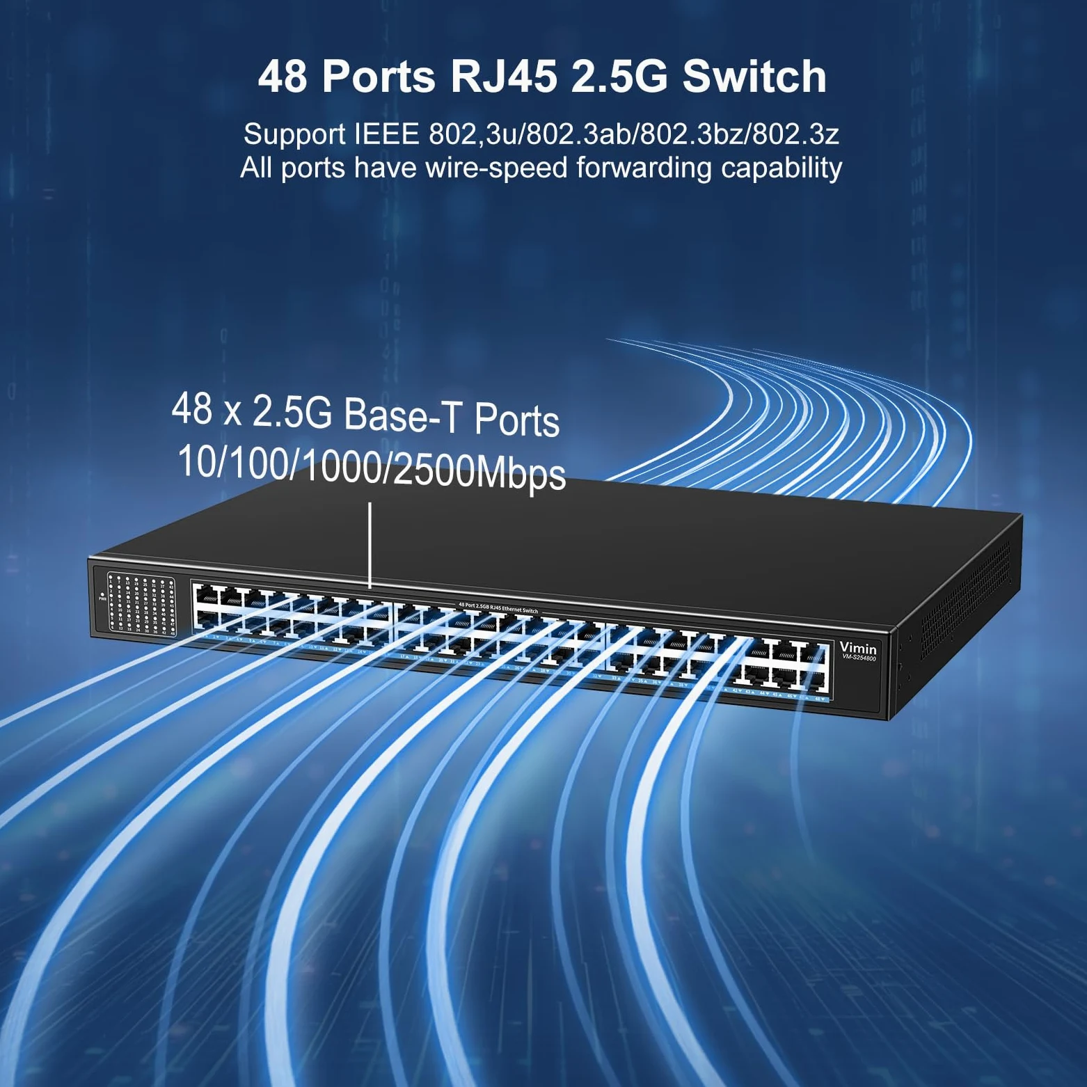 VIMIN Switch Non Gestito a 48 Porte 2,5G, Switch Ethernet Base-T a 48 Porte 2,5GB, 2,5Gb Switch di Rete Plug & Play, Compatibile con 10M/100M/1000M/2,5G, capacità 240Gbps, per Nas, AP Wireless e PC