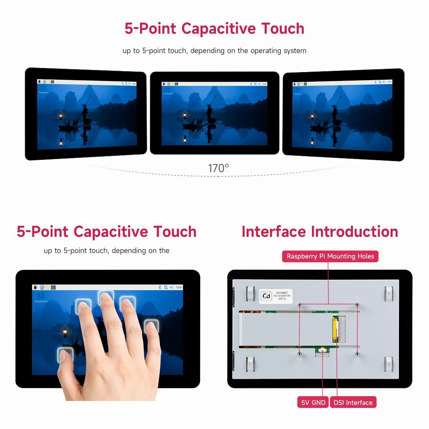 Waveshare Official Pi 7inch Raspberry Pi Touch Display 2 With White Case, 720 x 1280, IPS, DSI Interface, 5-Point Touch