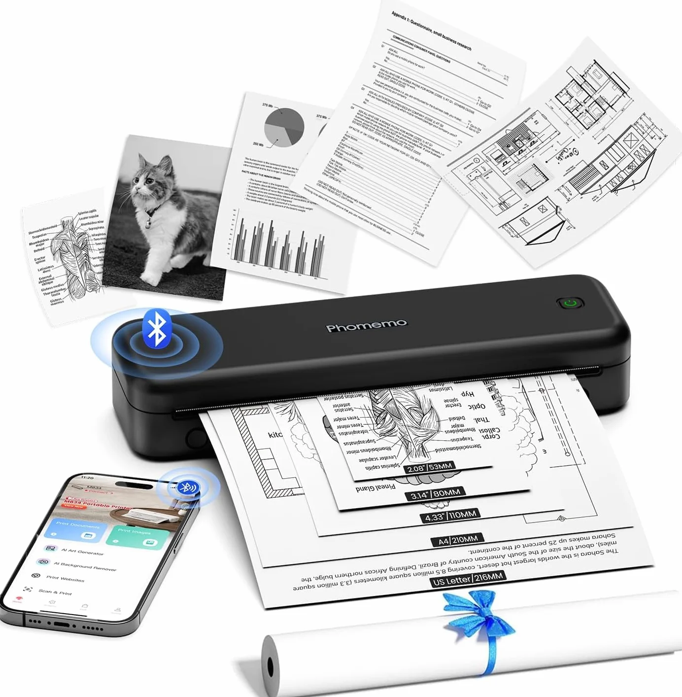 Phomemo M834 Stampante Termica Portatile A4, Bluetooth, USB, 300DPI
