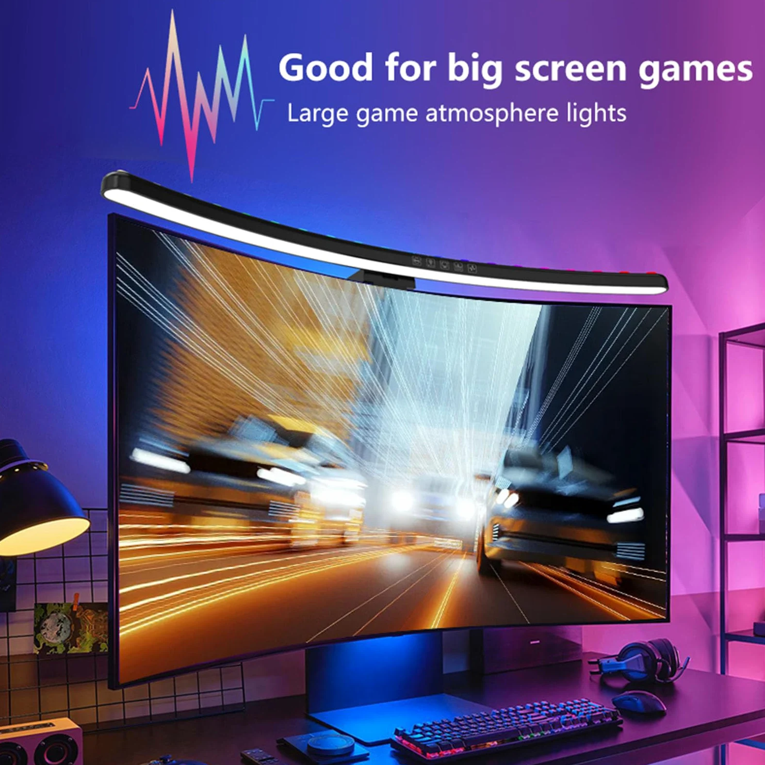 Barra luminosa di monitoraggio oscurità con cassa, retroilluminazione RGB e 7 modalità di colore, lampada per computer curva per giochi e ufficio, barra a led a LED