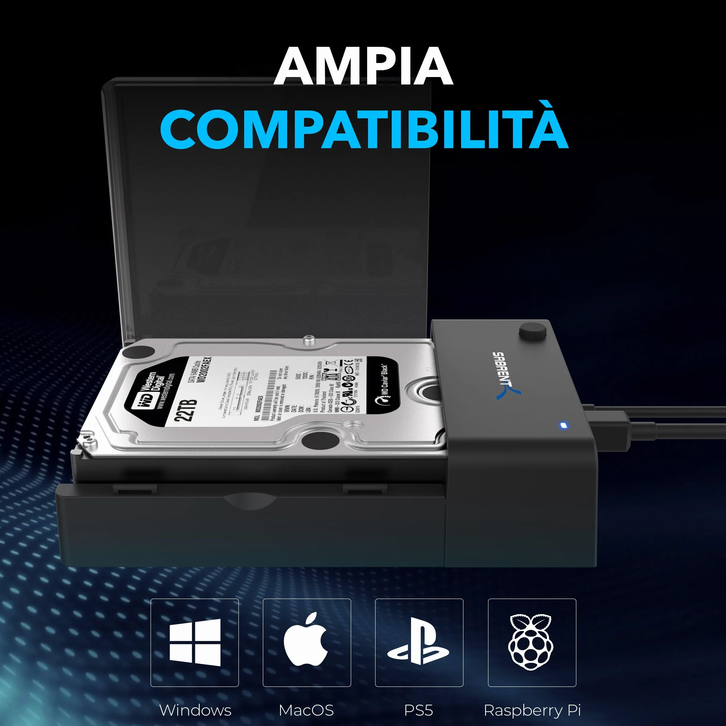 SABRENT Docking Station SSD Hard Disk Esterno HDD 2.5 o 3.5 pollici, USB 3.2 Gen 1 a SATA [Supporta UASP] (EC-DFLT)
