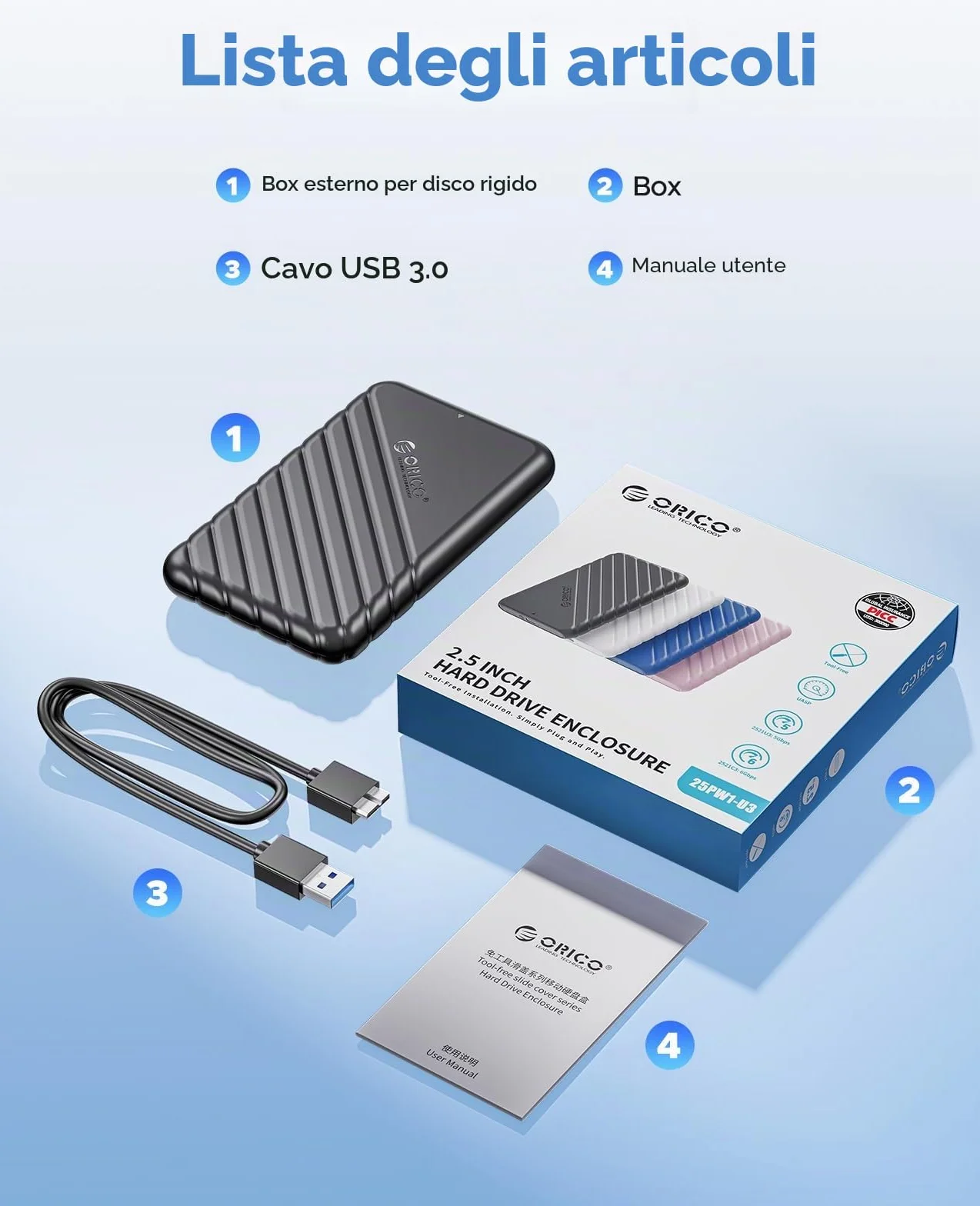 ORICO Custodia Esterna per Hard Disk 2,5 pollici, Case HDD/SSD SATA USB 3.0(6Gbps) compatibile con Unità da 7mm/9,5mm, Supporta UASP e TRIM, Installazione Senza Attrezzi – Nero 25PW1-U3