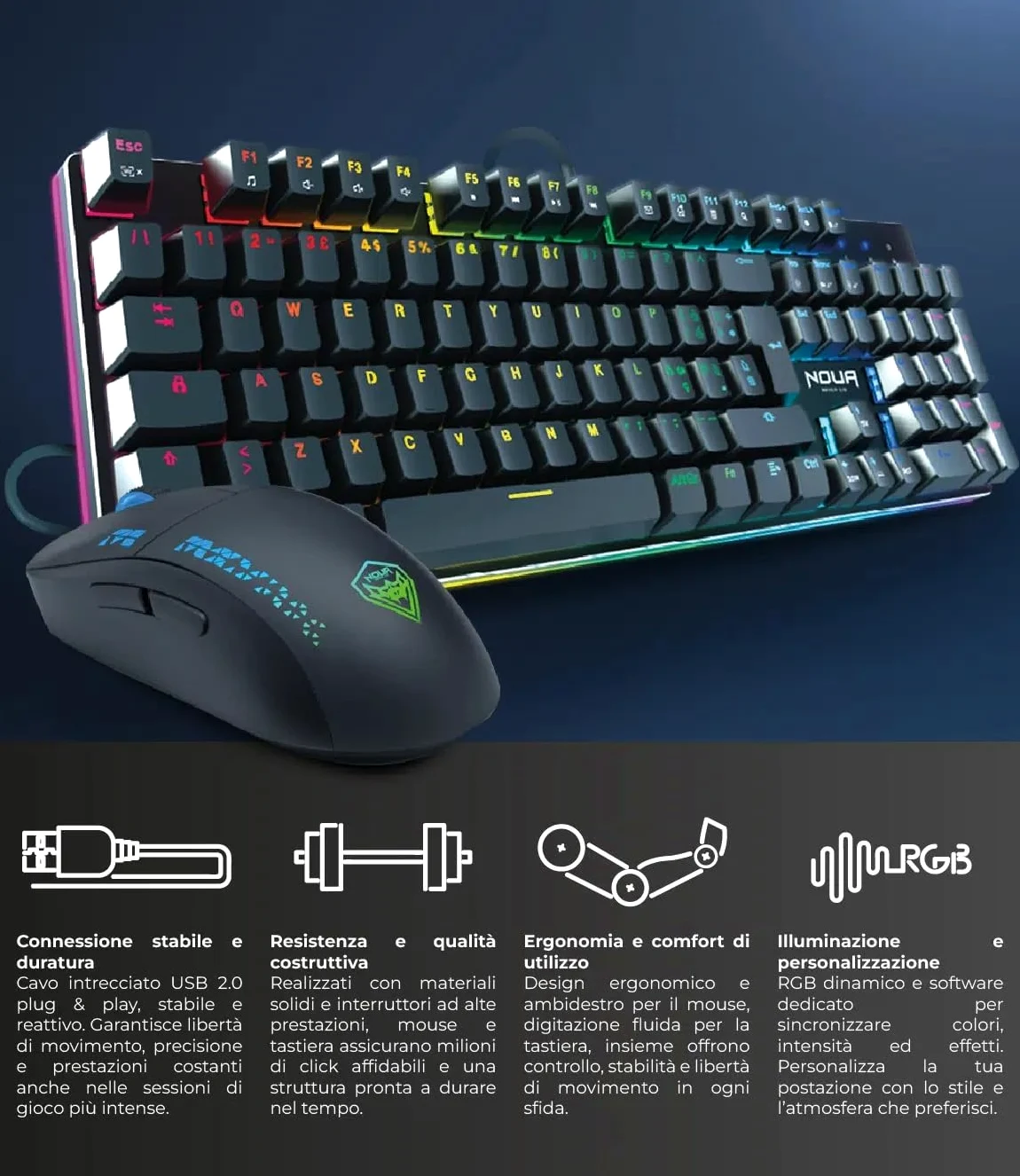 Mouse e Tastiera Gaming Meccanica, Layout Italiano QWERTY, USB, Anti-ghosting, Tastiera Retroilluminata LED RGB, Mouse Gaming fino a 32000 DPI - Nero