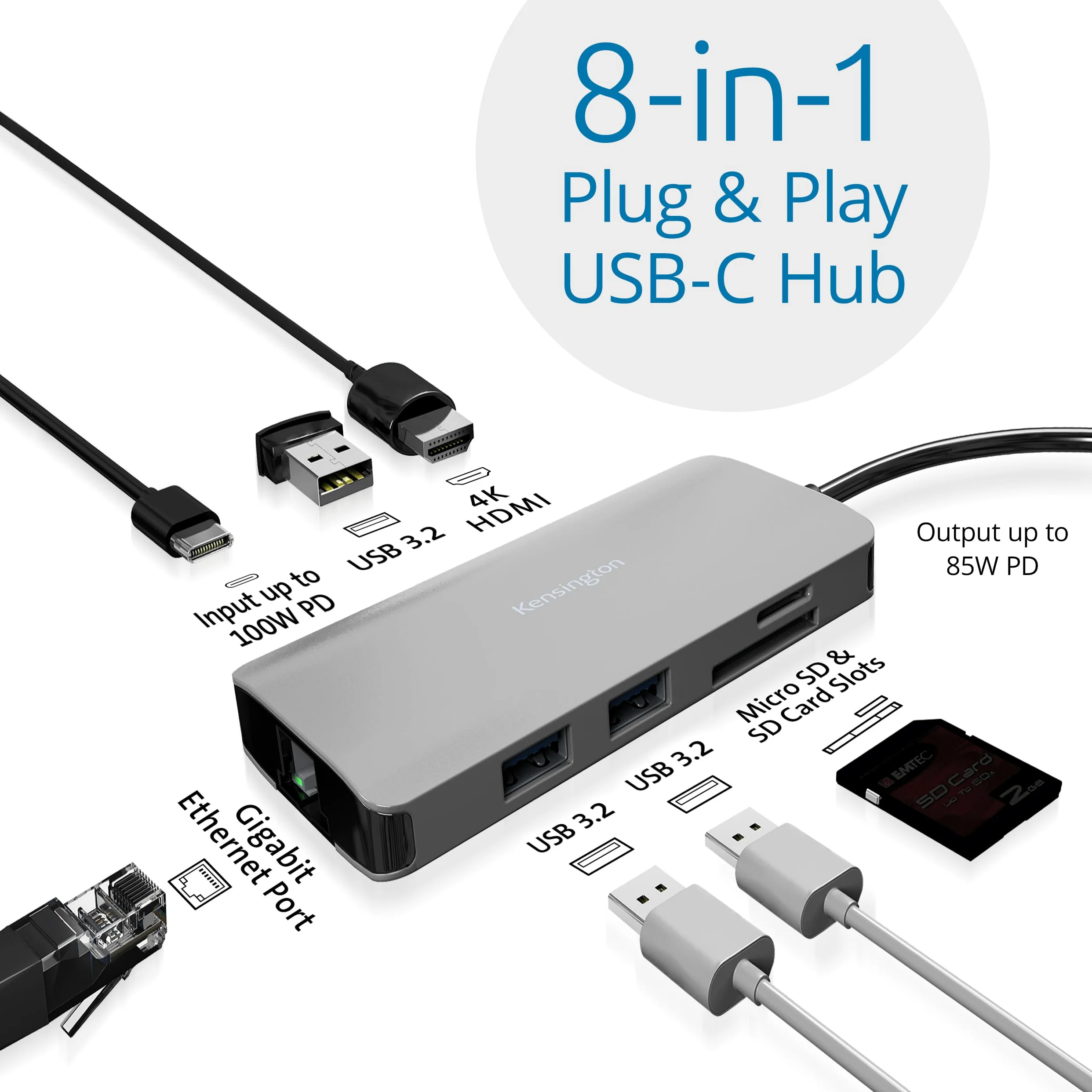 Kensington UH1400P Dock Universale Portatile Driverless USB-C 8-in-1, universale, 8 porte, alimentazione fino a 85 W, Ultra HD (singolo 4K a 60 Hz) ad alta risoluzione, plug & play, con cavo