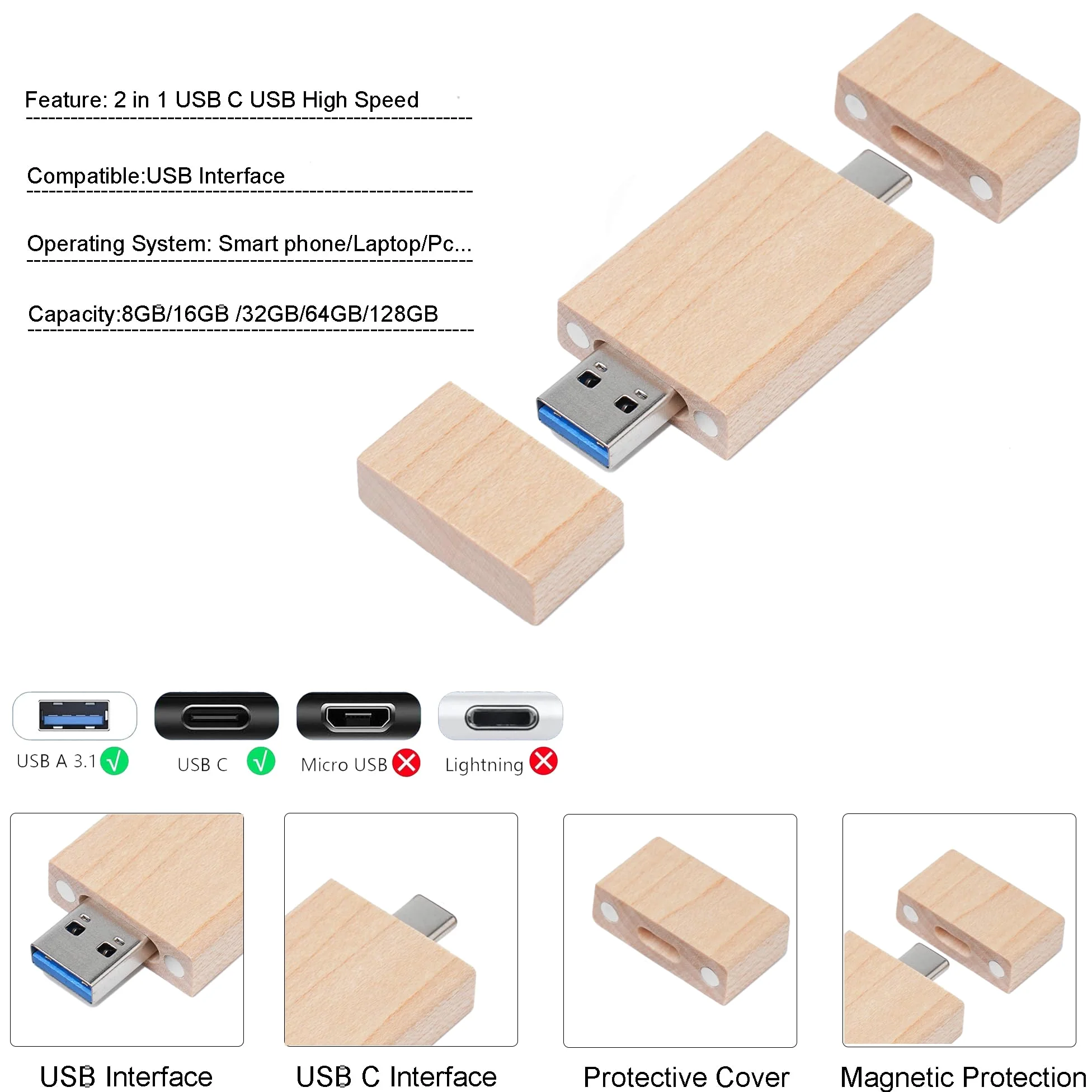 Chiavetta USB C da 32 GB, chiavetta USB 3.0 ad alta velocità, tipo C, doppia OTG, in legno d'acero, per TV, auto, smartphone, PC, laptop