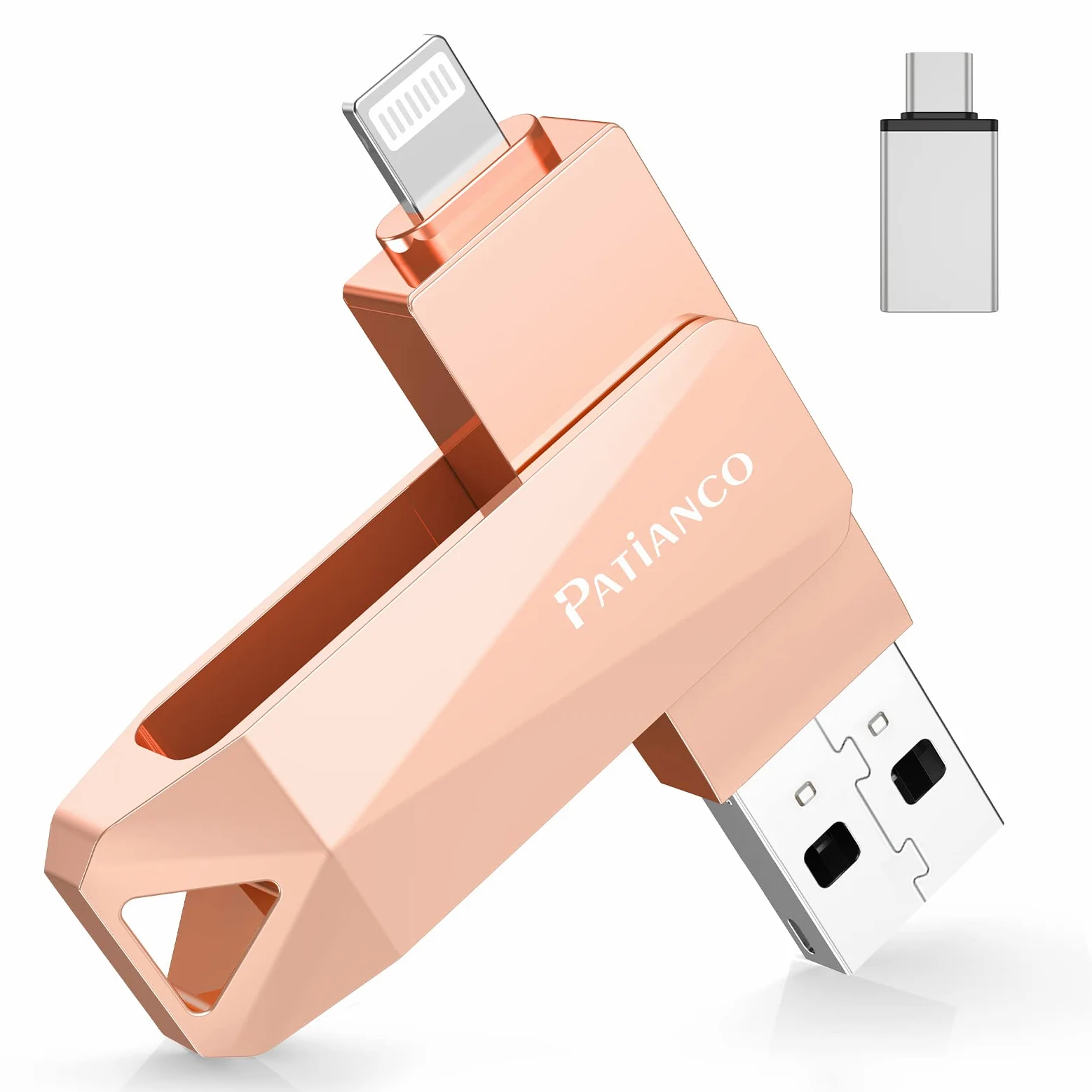 Chiavetta USB per iPhone 512GB [MFi Certified] Patianco USB 3.0 Pendrive per Lightning Chiave USB C Photostick 3 in 1 Pennetta Backup con un Solo Clic per iPhone/iPad/Android/Mac/PC (512GB,Rosa)