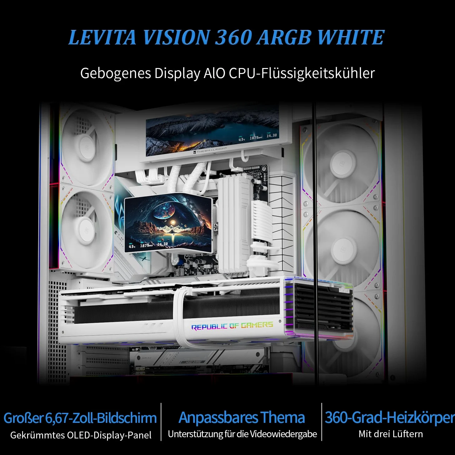 Thermalright Levita Vision 360 ARGB White - Ventola di raffreddamento per CPU AIO, ventola senza fili, schermo curvo con risoluzione di 2400 x 1080, per AM4/AM5, Intel LGA1851/1700, schermo 3D da 6,67