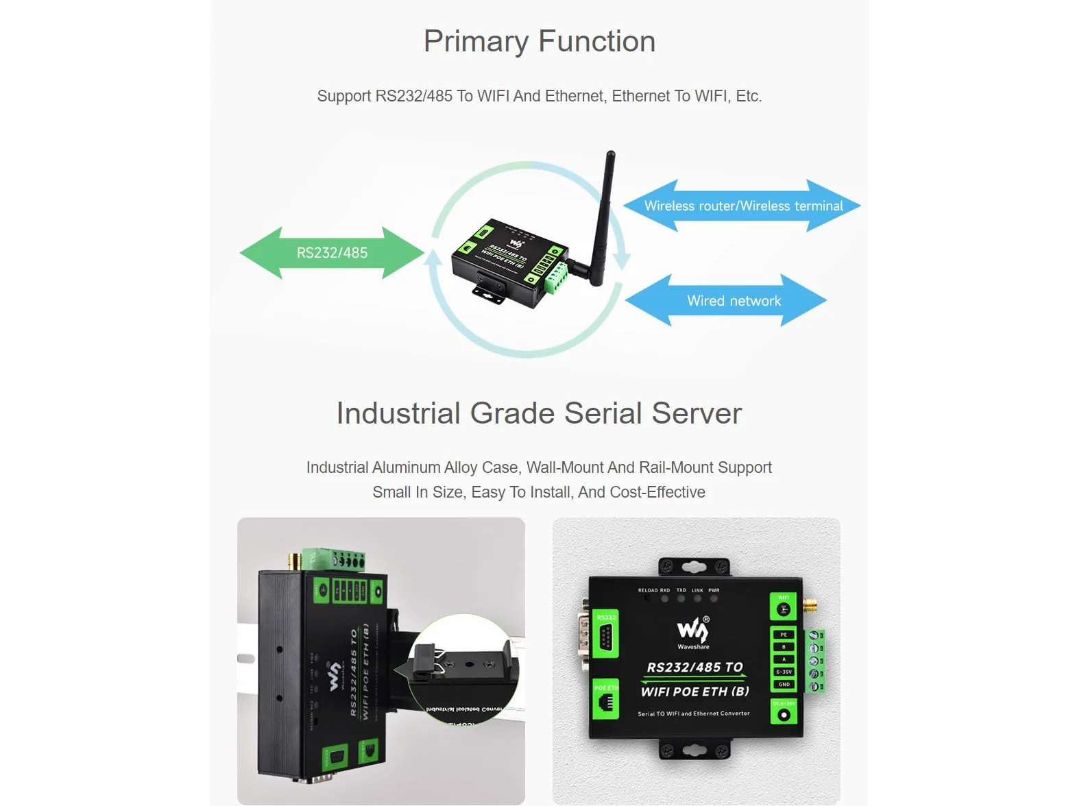 Waveshare RS232/485 to WiFi and RJ45 Ethernet Converter Module Industrial Grade Serial Server,Support Ethernet to WiFi,Serial Port to Ethernet, Modbus Gateway, MQTT Gateway