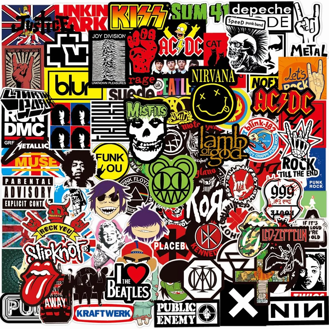 Adesivi Musica Rock and Roll,Sticker Punk Classico,Confezione da 100 Adesivi Vinile Impermeabile per Computer Portatile, Auto, Chitarra, Paraurti, Bottiglia