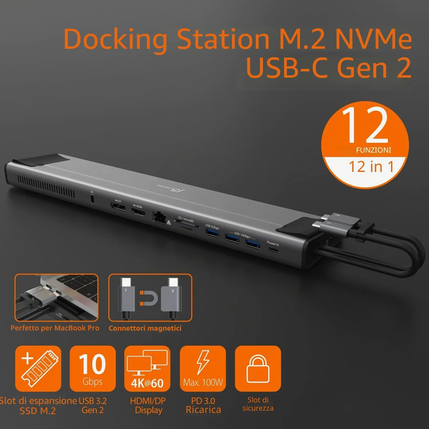 j5create USB C Dual 4K 60Hz Display Docking Station (12-in-1), alloggiamento SSD M.2 NVMe integrato, HDMI, DisplayPort, USB-A 10Gbps, lettore di schede, PD 100W, per Mac Pro, laptop Windows (JCD552)