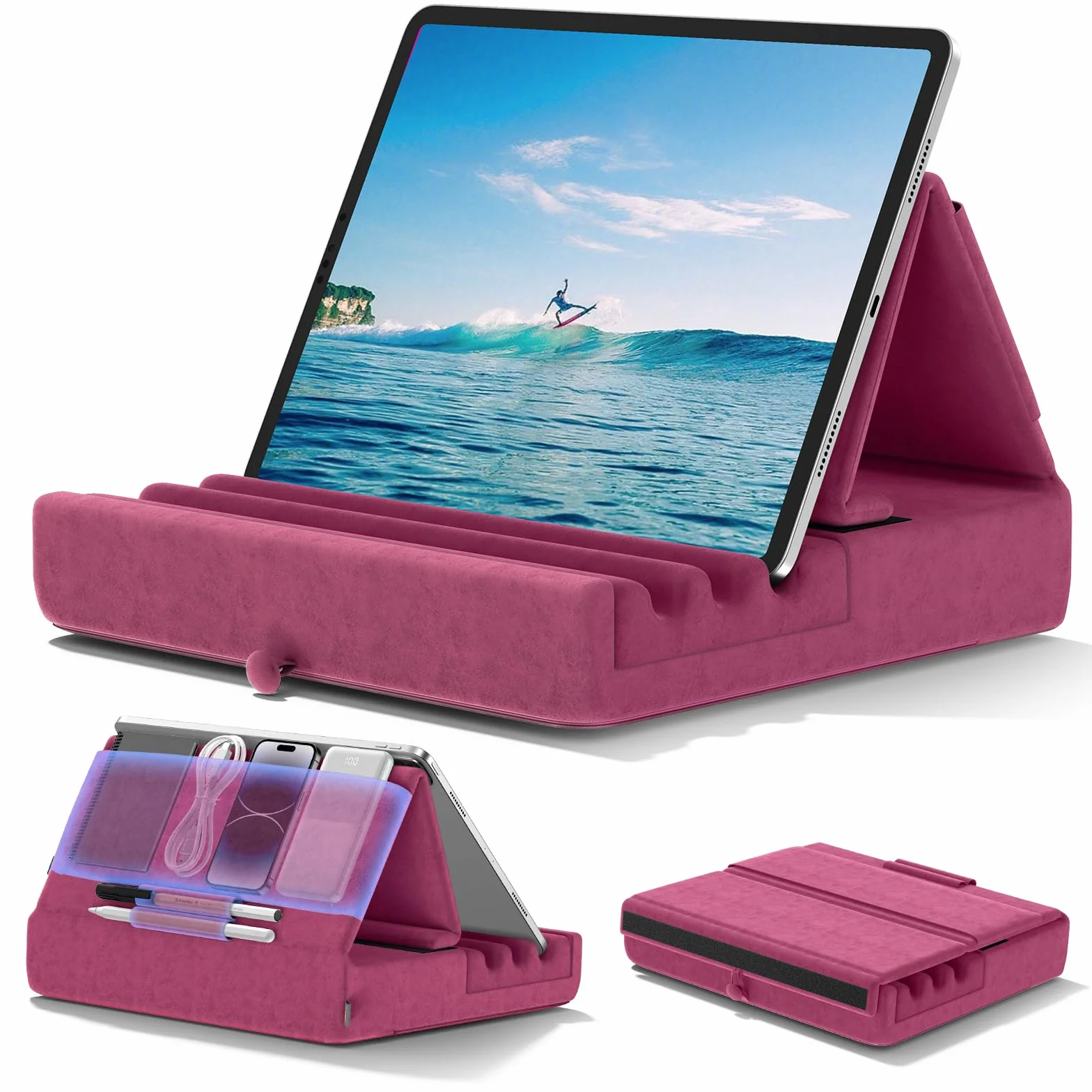 KDD Supporto pieghevole per tablet iPad con tasca per lettino, scrivania e grembo - Viola per iPad Pro 12.9, 10.5, Air Mini 6 5 4 3, Kindle, E-Reader