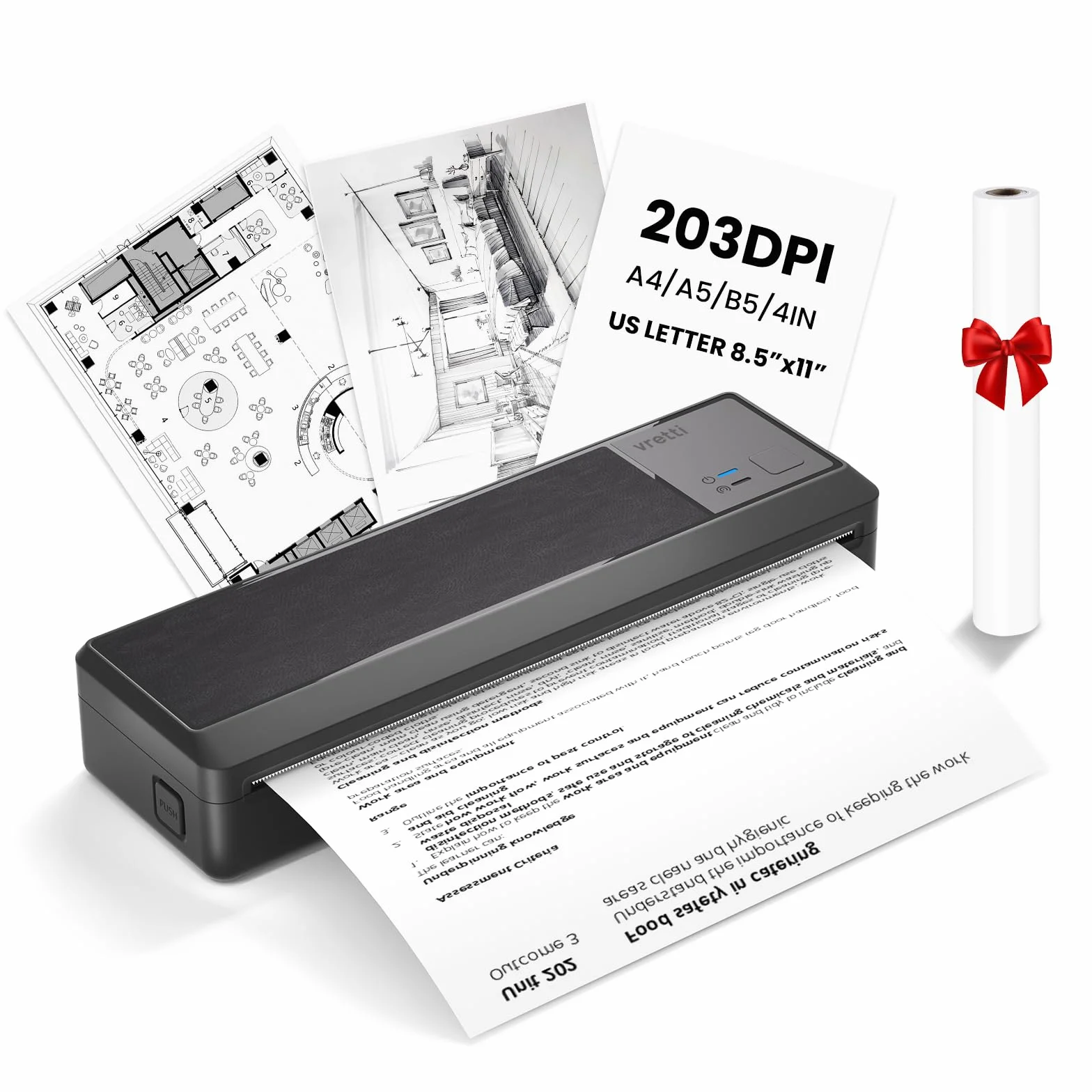 vretti P83 Stampante Termica Portatile, con Carta A4, Compatibile Android iOS, Noir