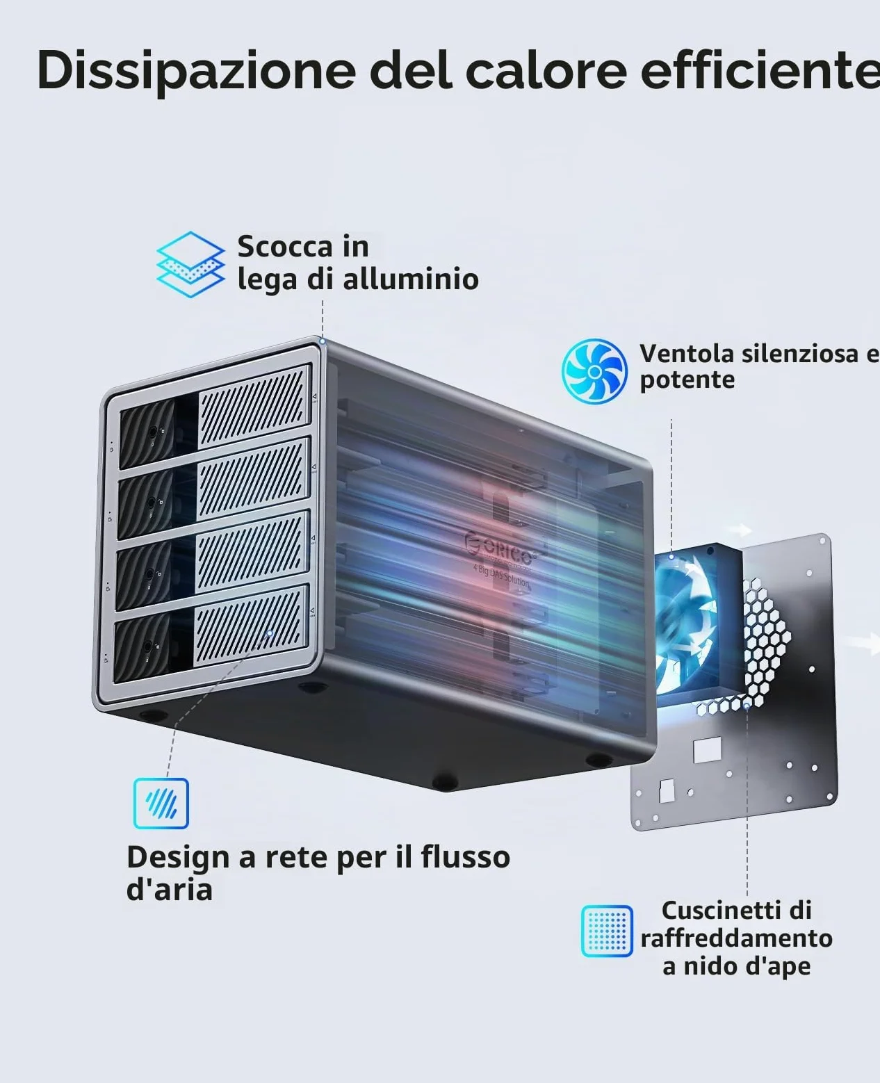 ORICO Docking Station per Disco Rigido Alluminio da 3,5 Pollici SATA a USB 3.0, 4 Slot per SSD/HDD, con Alimentatore e Ventola, Compatibile con MacOS e Windows (9848U3)