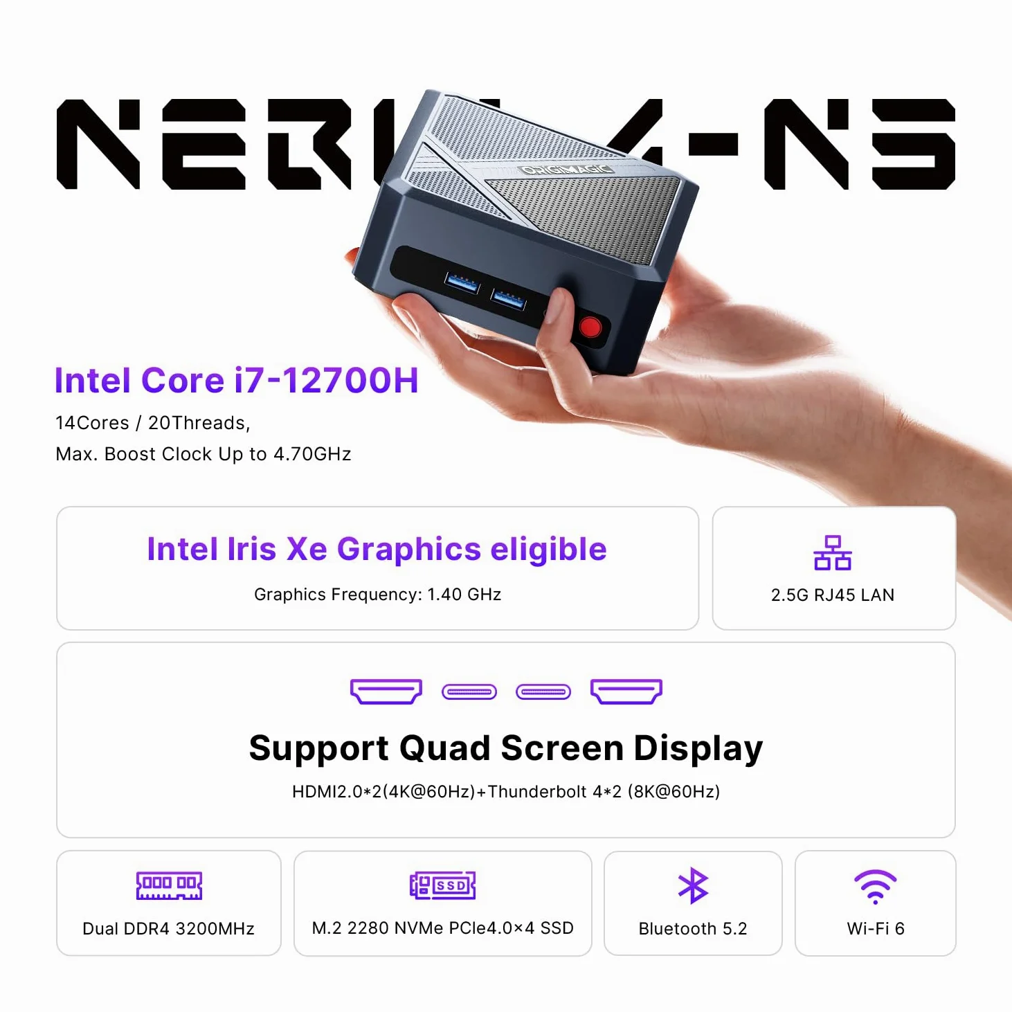 N3 Mini PC,con Core i7 12700H processore (14C/20T,fino a 4,7GHz) Mini PC Gaming,32GB DDR4,512GB NVMe,4K Qud Display/2.5G LAN/WiFi 6/BT 5.2 per Ufficio/Azienda/Casa