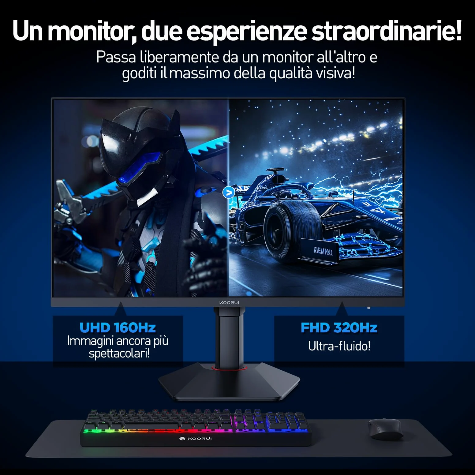 KOORUI G2741L Monitor Gaming 27 Pollici, 4K UHD, 160Hz/320Hz, HDR400, Fast IPS, 1ms, Adaptive Sync, regolabile, HDMI 2.1 * 2+DP 1.4, VESA 75x75mm