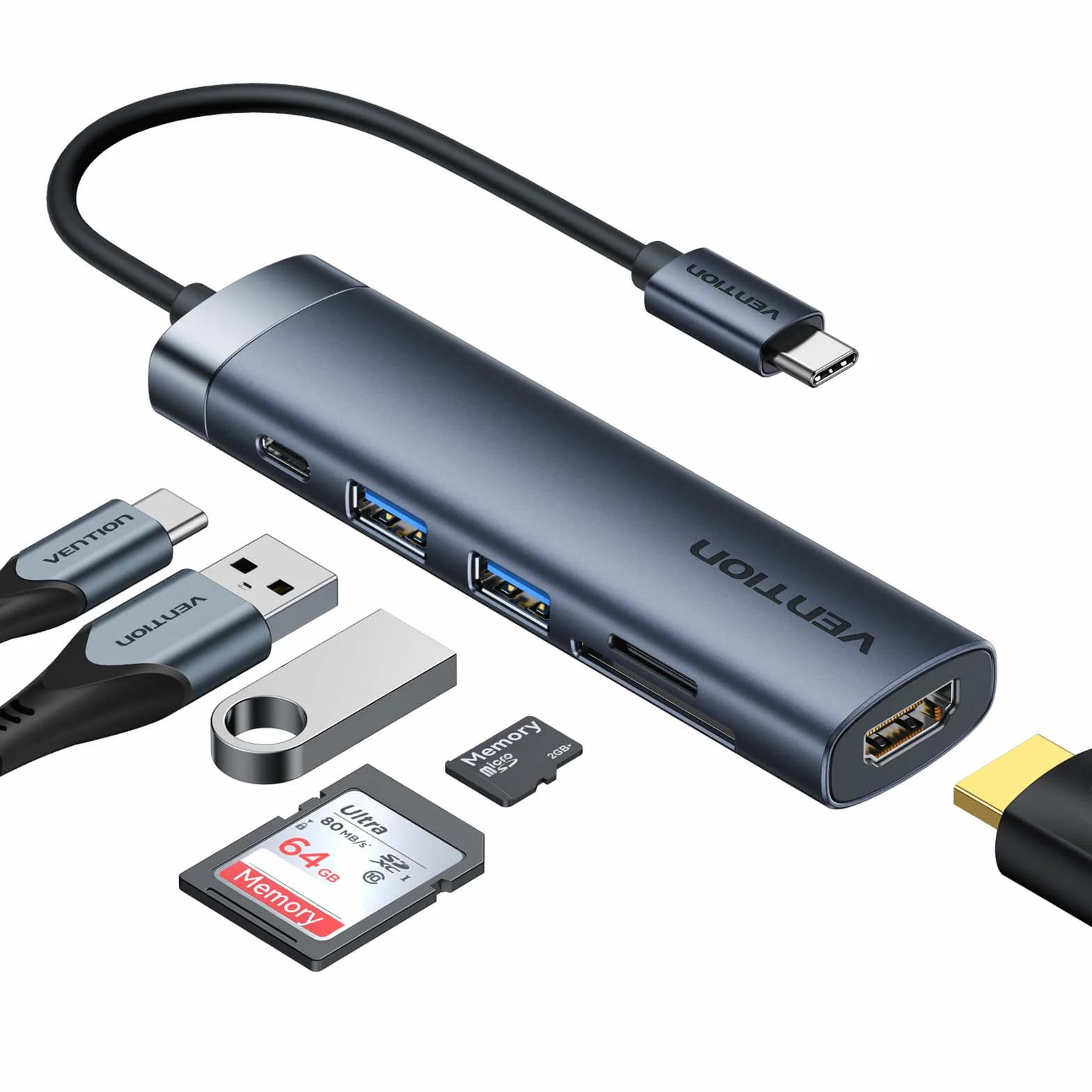 VENTION Hub USB C PD 100W, 6 in 1 Docking Station, HDMI 4K@30HZ, Porte di Trasferimento Dati USB A 3.0, Lettore di Schede SD/Micro SD, Compatibile per MacBook Pro, Air/Dell/Lenovo/HP