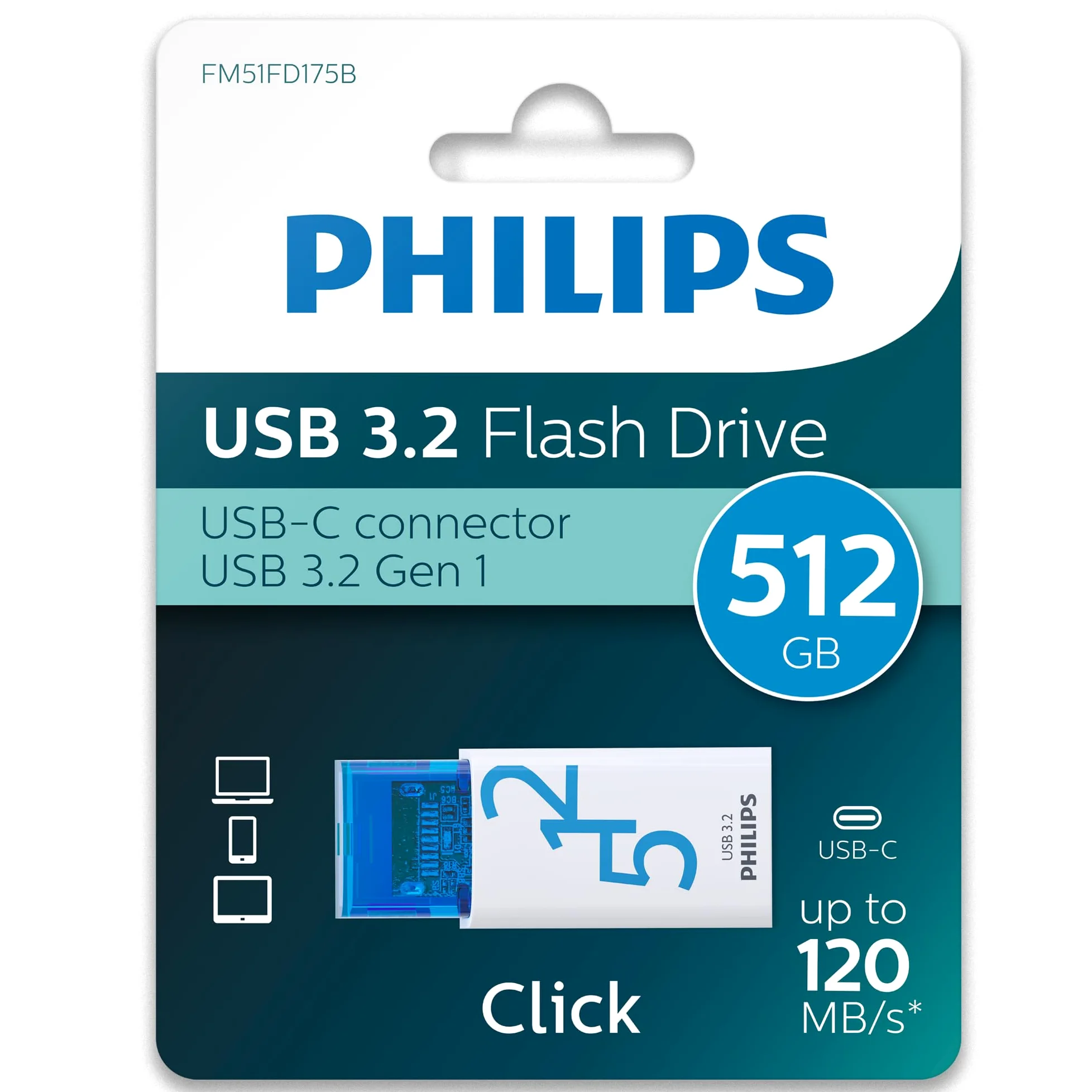 Philips Click Edition USB-C USB 3.2 Gen 1, unità flash USB 512 GB per PC, laptop, smartphone, tablet con porta USB-C, velocità di lettura fino a 120 MB/s