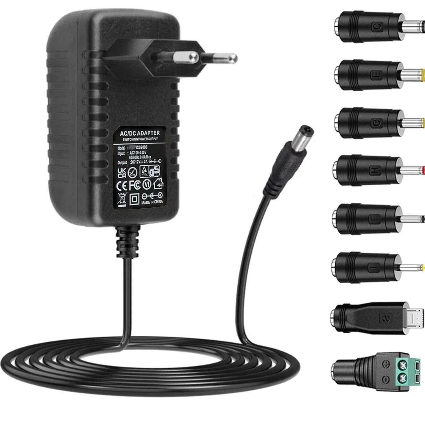 Alimentatore AC 12V 2A AC220V 230V DC12V con 8 adattatori spina Caricabatteria 500mA 1000mA 1500mA 2000mA AC-DC