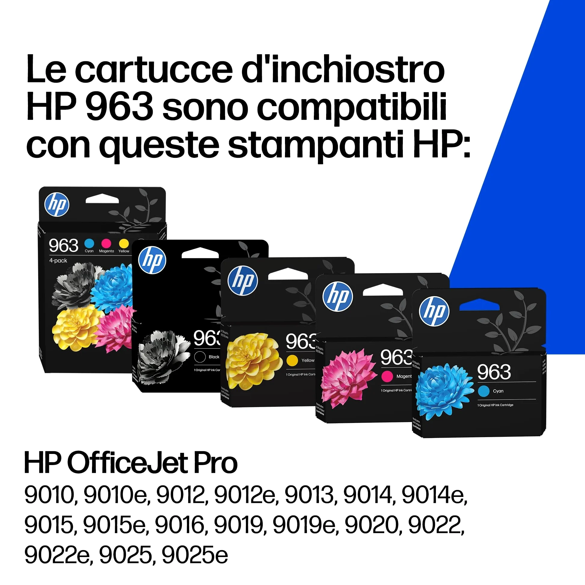 HP 963 Nero, Ciano, Giallo, Magenta, 4 Cartucce Inchiostro Originali | Compatibile con HP OfficeJet Pro serie 9010, 9020, 1000 pagine (6ZC70AE)