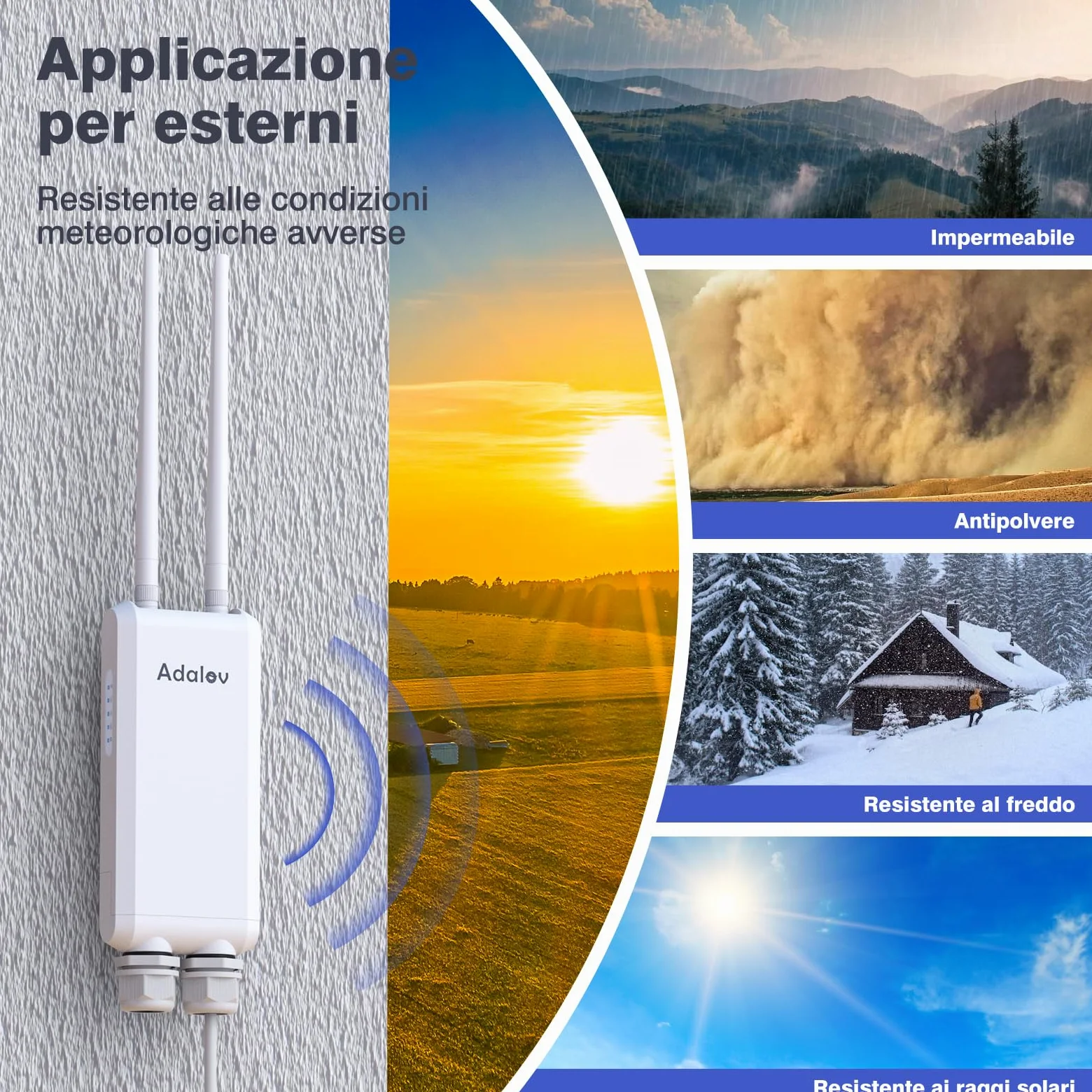 AdaLov Gigabit Access Point Wireless Esterno, Punto di Accesso WiFi a Lungo Raggio, 1200Mbps Dual Band 2.4/5.8GHz, Impermeabile IP66, Ripetitore WiFi per Negozio/Giardino/Garage/Scuola/Camper,48V PoE