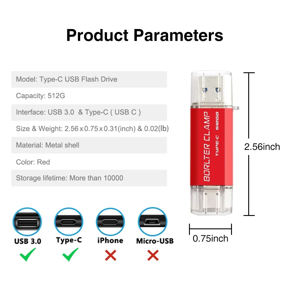 512GB Chiavetta USB 3.0 Tipo C, BorlterClamp 2 in 1 Pen Drive (USB C e USB 3.0) OTG Memoria Flash, USB Flash Drive per Tipo C Android Smartphone/Tablet/Computer (Rosso)