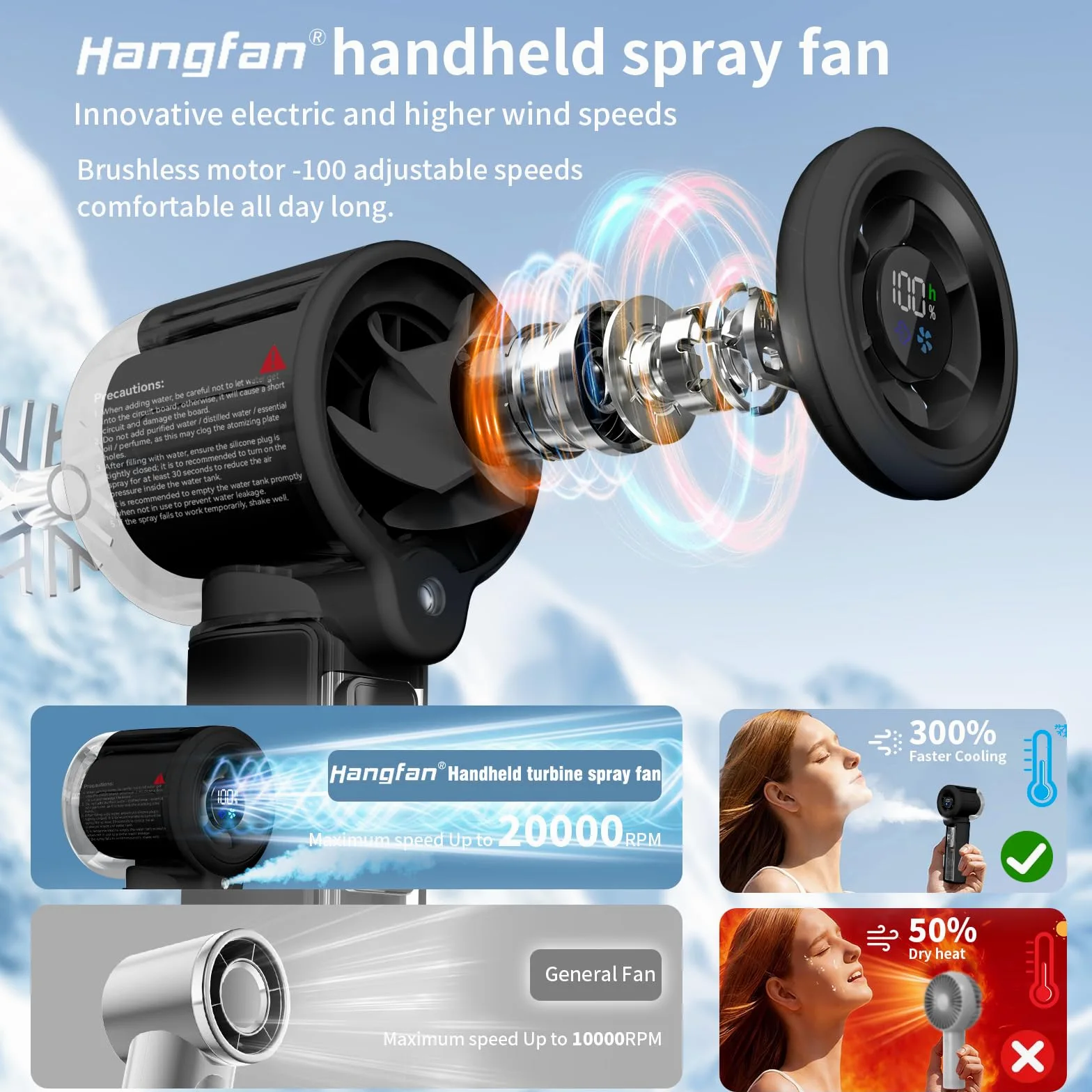 Ventilatore portatile a spruzzo portatile [tempo massimo di raffreddamento 19H], ventilatore spray ricaricabile USB da 3000 mAh, 100 ingranaggi regolabili, mini ventilatore, adatto per viaggi