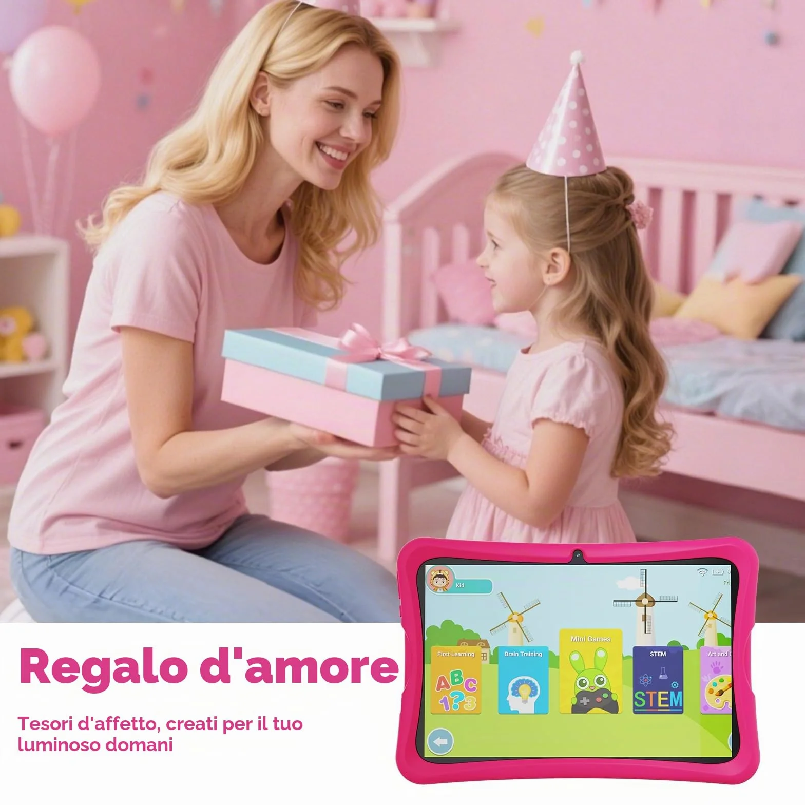 DigiLand Android 15 Tablet Bambini 10,1 Pollici,6GB RAM + 32GB ROM (espandibile), Controllo Parentale, App Bambini Preinstallate, Doppia Fotocamera, con Custodia Protettiva (10 Pollici Rosa 32GB)