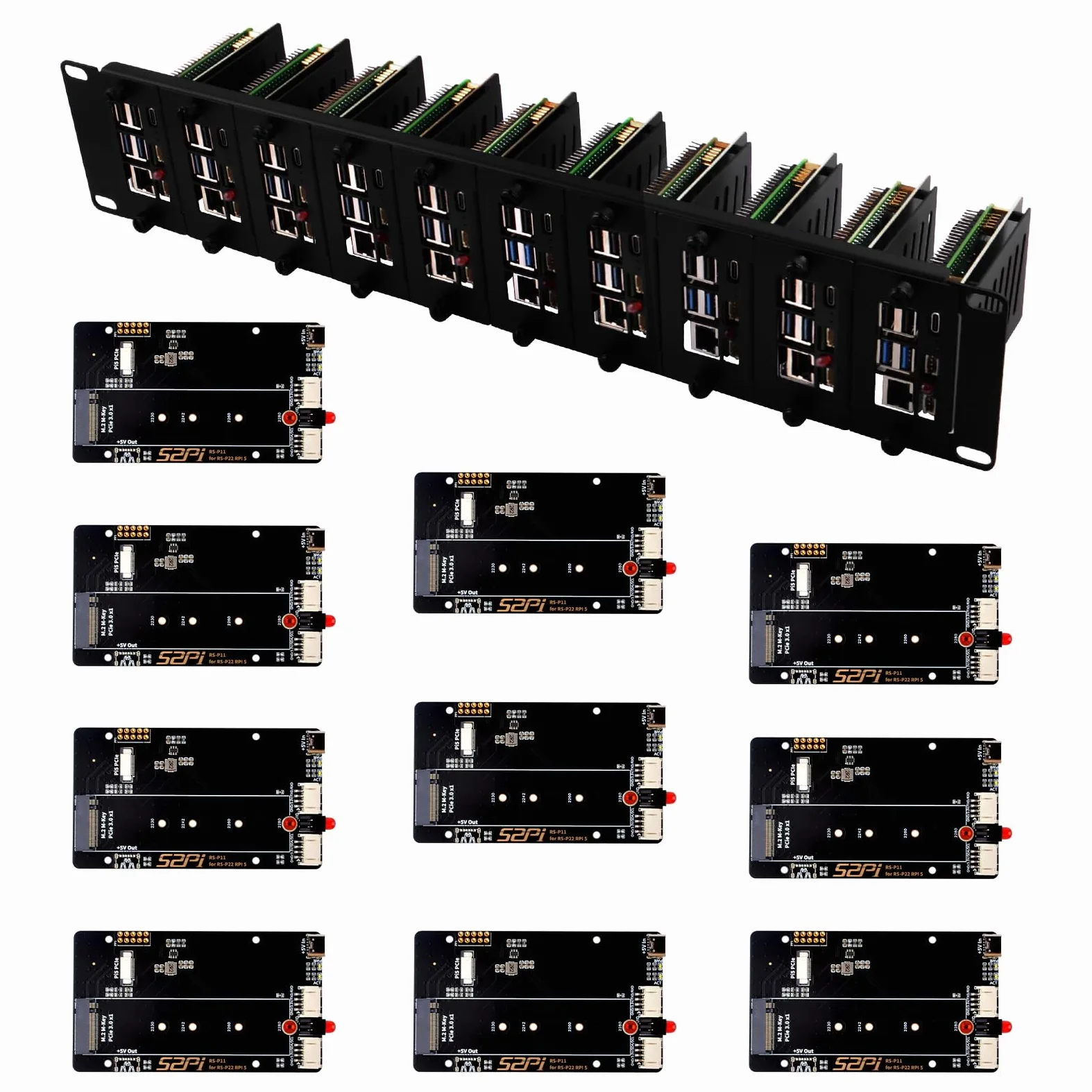 GeeekPi Supporto rack 2U da 19" per Raspberry Pi 5, con 10 adattatori SSD PCIe a M.2 NVMe, può contenere fino a 10 schede Raspberry Pi 5/4B, compatibile con server rack da 19"