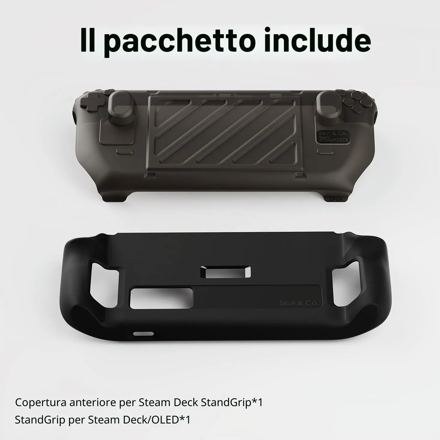 Skull & Co. Stand Grip GripCase Front Cover Bundle for Steam Deck/OLED: Protective Case with Textured Grips Full Protection with HardShell Front Cover Handheld Design- Smoky Black