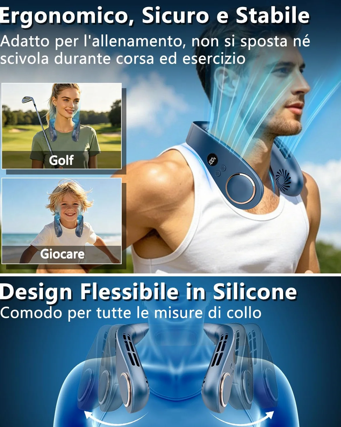 Ventilatore da Collo Raffreddatore Condizionatore Portatile, Mini Neck Fan Silenzioso con 3 Temperature e 5 Velocità, Batteria 5500mAh Potente Autonomia 15 Ore, per Mezzi Pubblici e Vita in Città