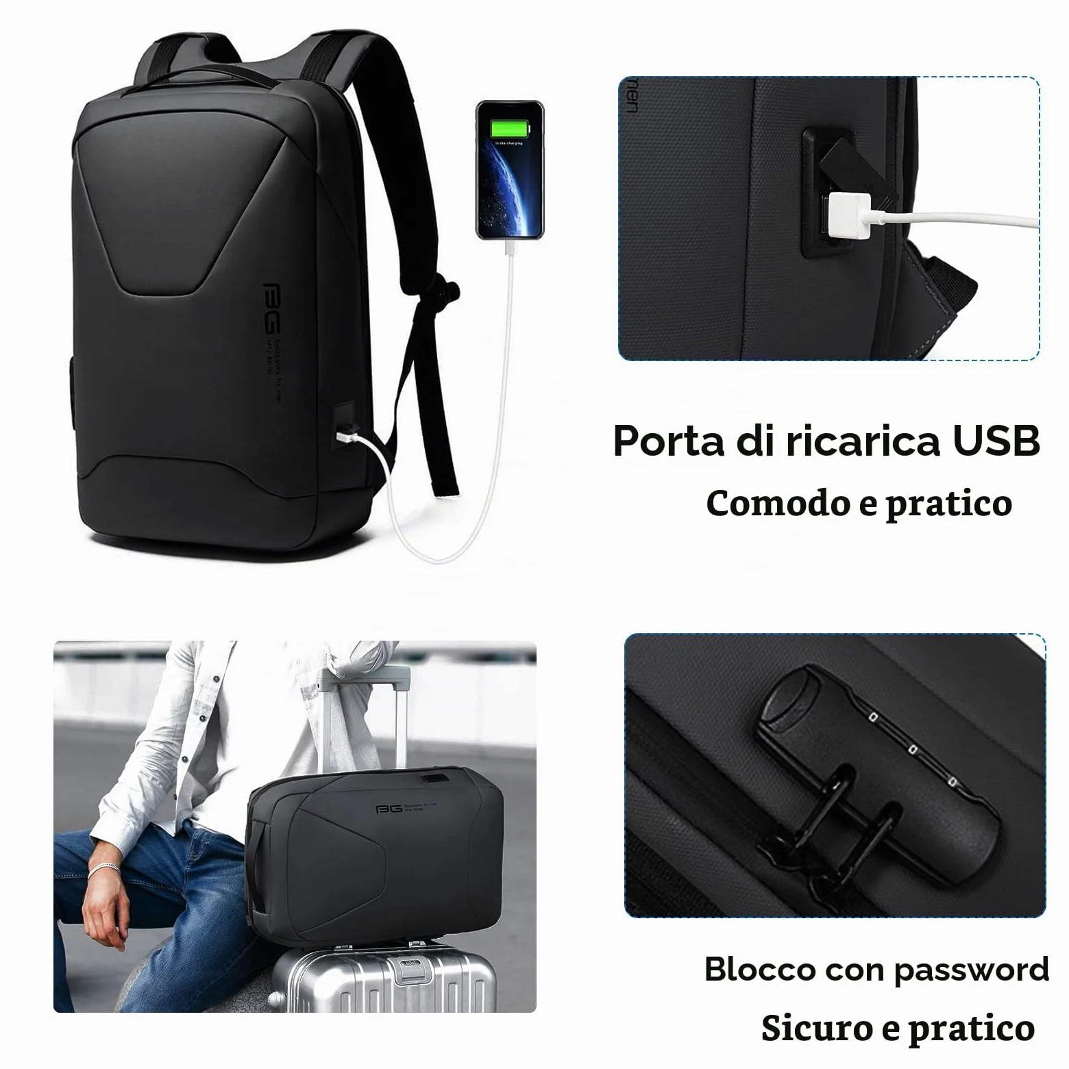 FANDARE Antifurto Zainetto Scuola con Porta USB Zaino per 15.6 Pollici PC Portatile da Uomo Donna Borsa Daypacks per Business Viaggio Lavoro Impermeabile Nero