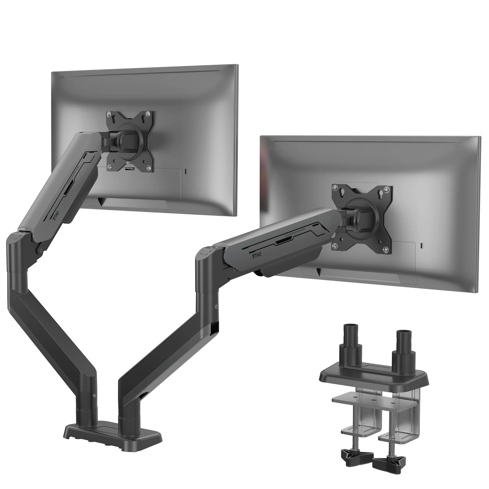 ETHU Braccio doppio per monitor con molla a gas, supporto VESA regolabile resistente per schermi da 17 a 38 pollici fino a 12 kg, supporto da scrivania ergonomico con morsetto a C e installazione con