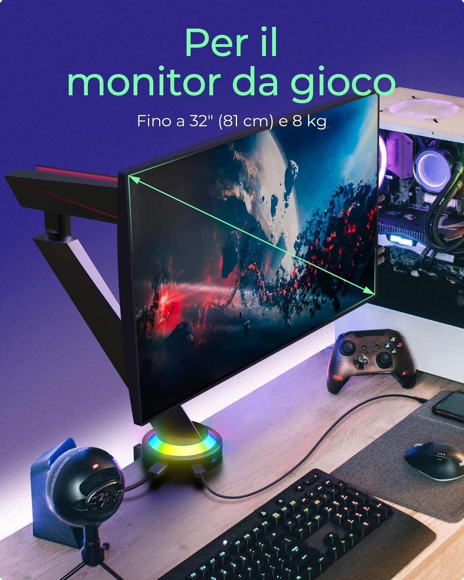 Uchwyt na monitor IB-MSG303BL-T do 32 cali z USB HUB iRGB i podÅ›wietleniem