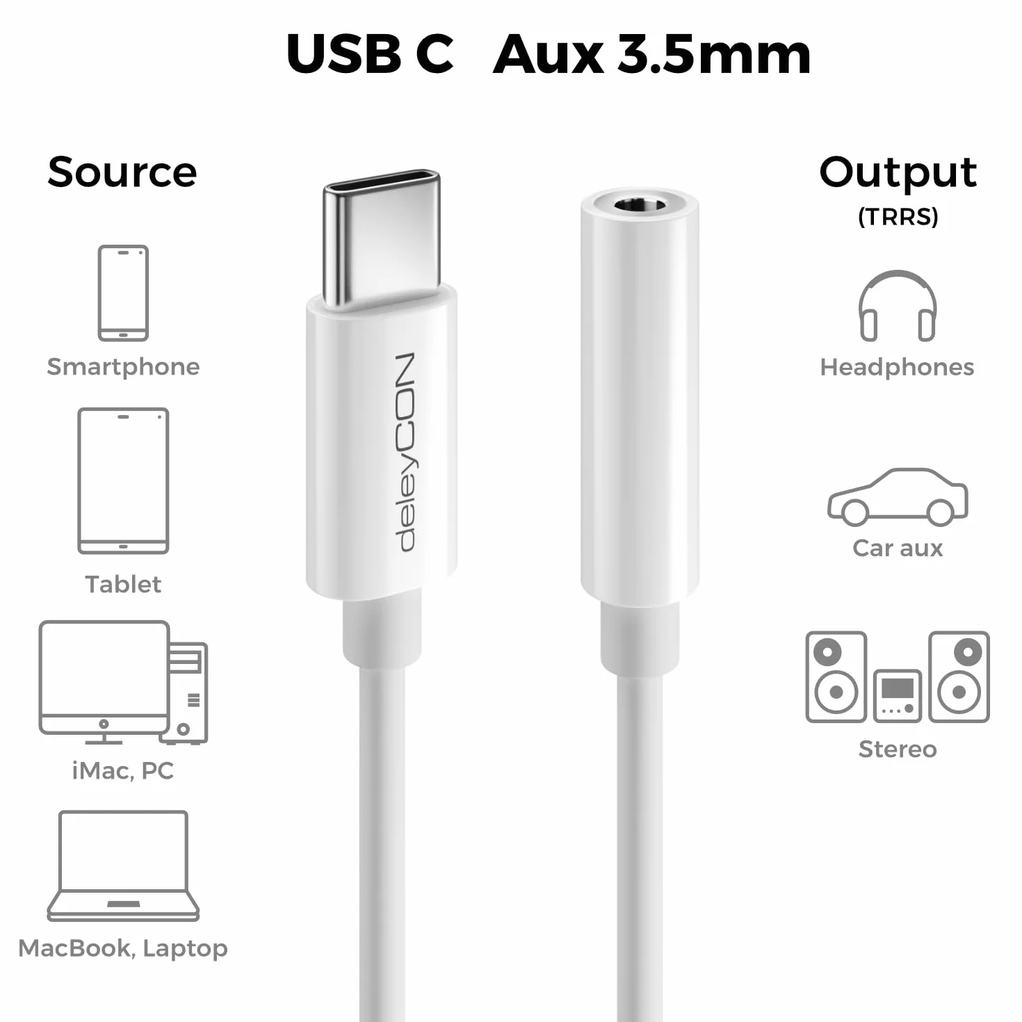 deleyCON USB-C a 3,5mm Audio Adattatore - DAC-Chip & TRRS - USB Tipo-C Connettore a Presa Jack - Compatibile con Smartphone, Tablet, Cuffie, Altoparlanti - Bianco