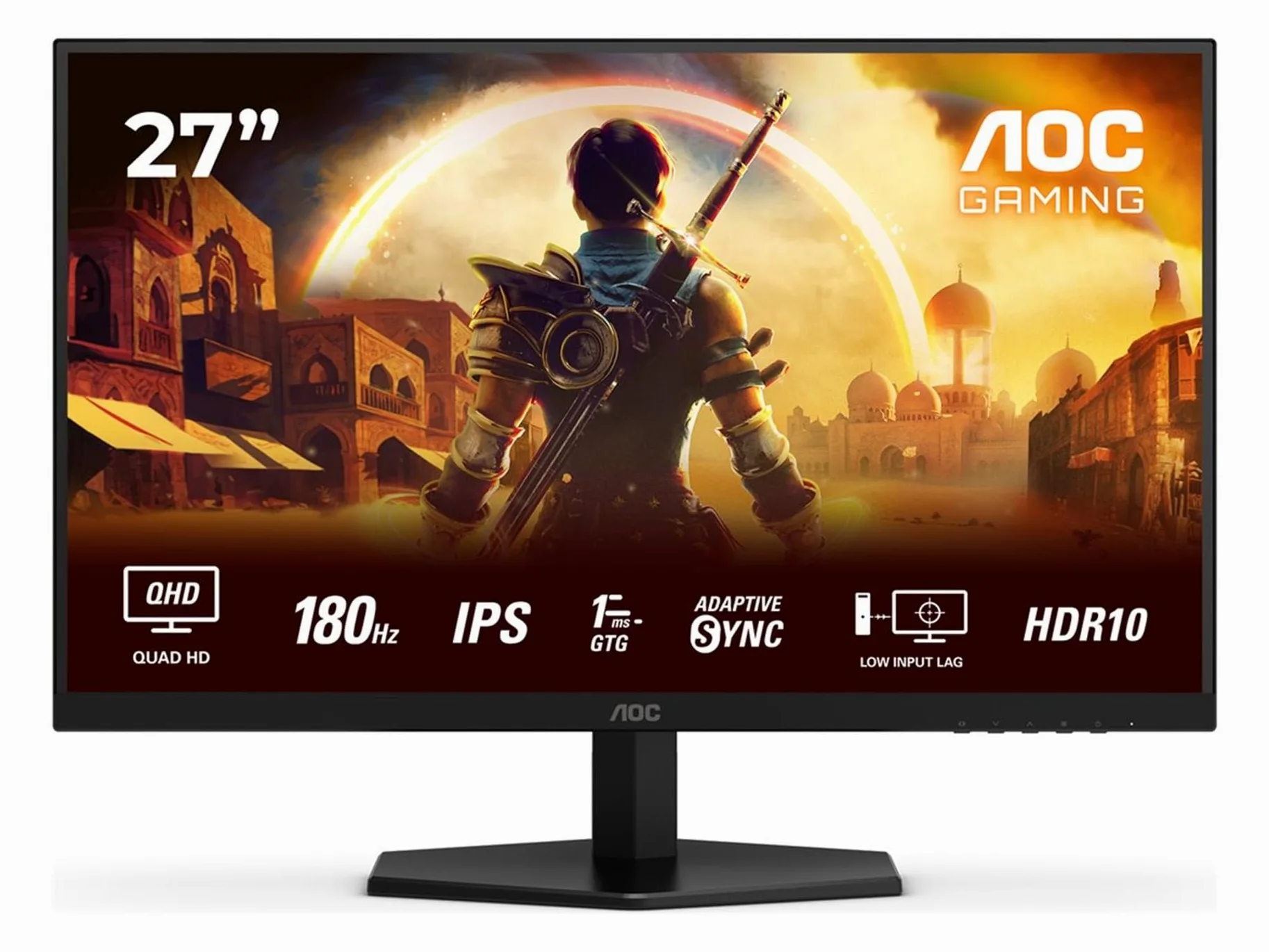 AOC Gaming Monitor Q27G42XE 27 pollici, 2560x1440, WQHD, 180Hz, Fast IPS Panel, 0.5ms MPRT, Speakers, (HDMI2x 2.0 DP 1x 1.4) Adaptive Sync, HDR10, G-Sync Compatible, Nero