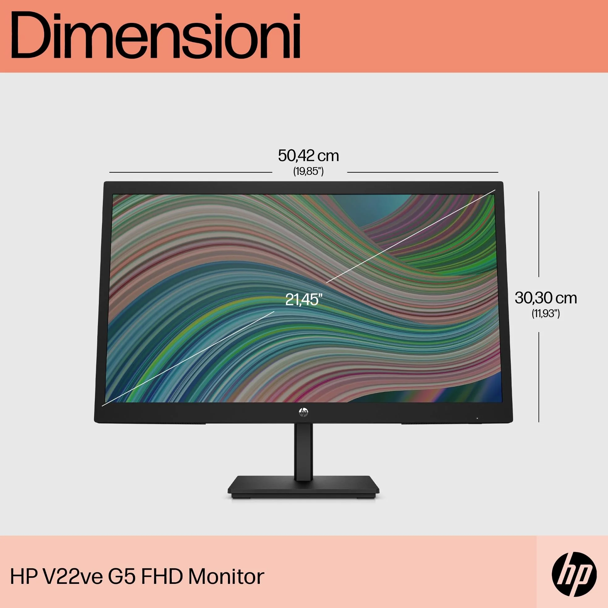 HP V22ve G5 Monitor da 22", FHD, 16:9, Antiriflesso, Pannello VA da 75Hz, Tempo di Risposta 5 ms, Reclinabile, VESA 10x10 cm, AMD FreeSync, 200 Nits, Modalità Low Blue Light, VGA, HDMI 1.4, Nero