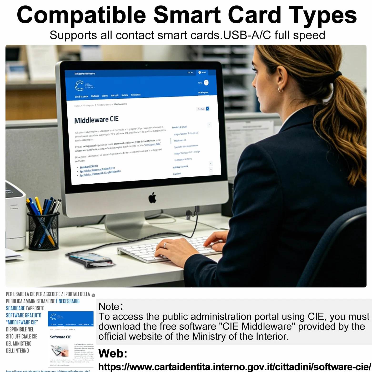 Lettore CIE 3.0 Carta d'Identità e Tessera Sanitaria,USB-A + USB-C Lettore Smart Card Firma Digitale,Lettore Carta Identita Elettronica Contatto e Contactless CIE/CRS/CNS Smart Card NFC per Windows