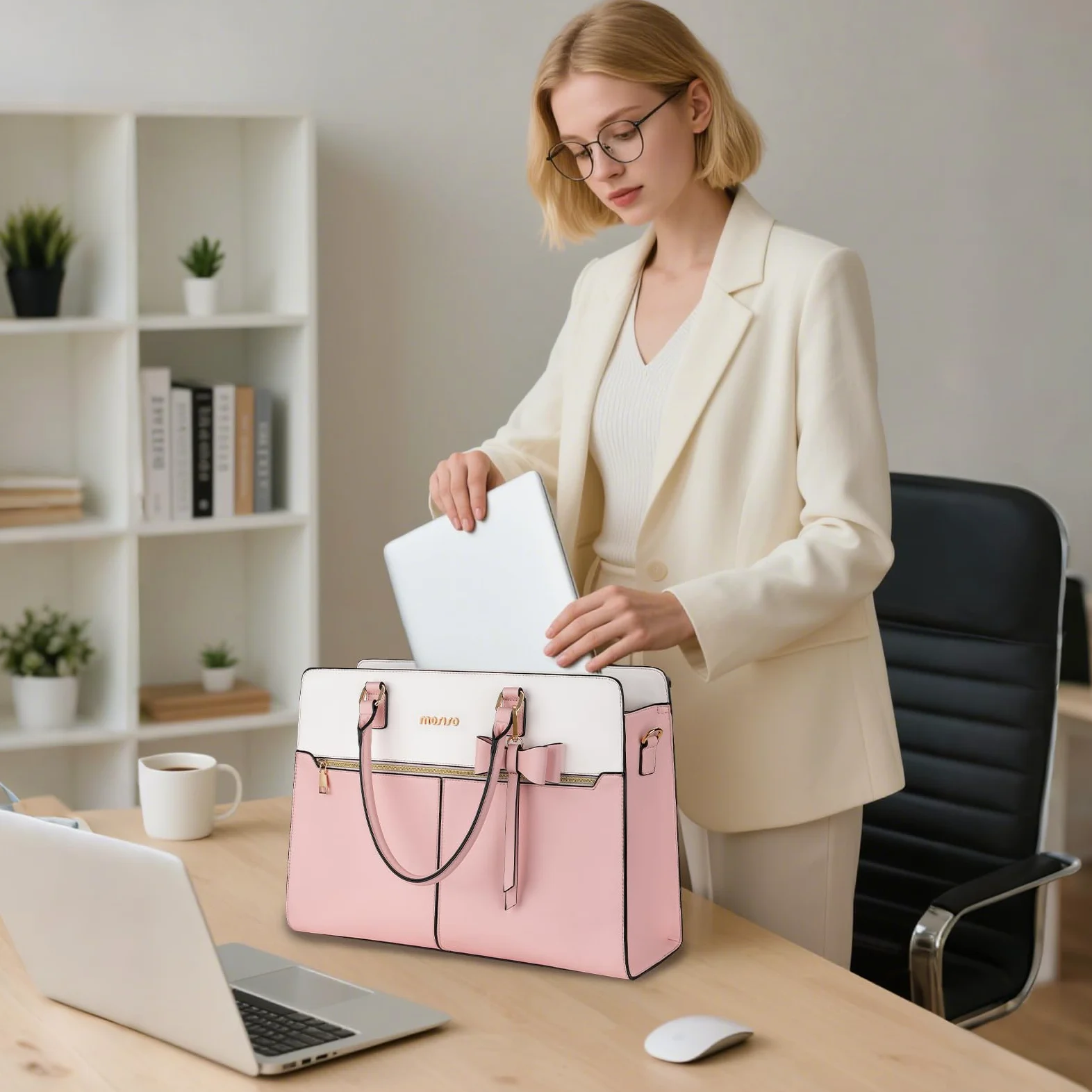 MOSISO Borsa Tote Laptop Donna, 15.6 Pollici Lavoro Pelle PU Impermeabile con Pochette e Fiocco, Borse a Mano Grande Capacita, Borsa a Tracolla Computer, Valigetta Lavoro Ufficio, Insegnante,Rosa