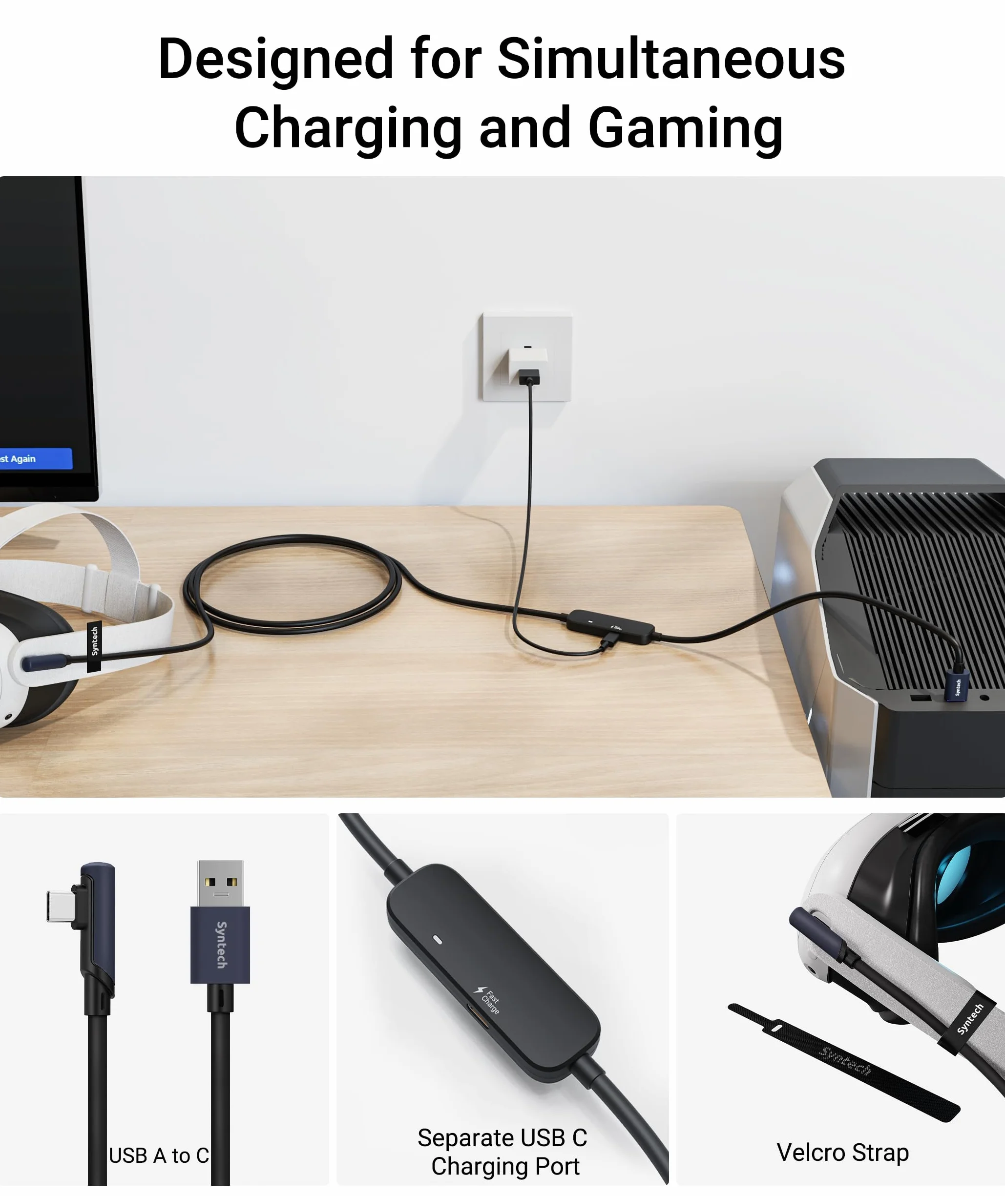Syntech Cavo Link 5 Metri con Ricarica, Compatibile con Meta Quest 3/Oculus Quest 2 Accessori, VR cavo Link con Porta di Ricarica Separata, Cavo da USB 3.0 a Tipo C Leggero per PC/SteamVR, Nero