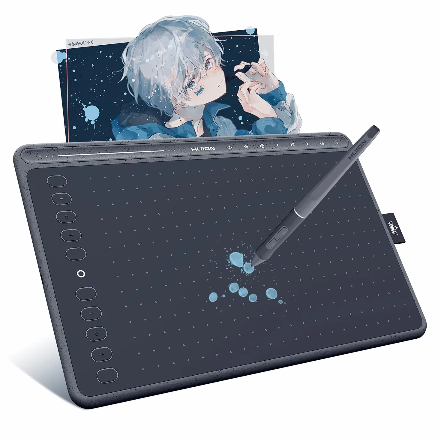 HUION Nuovo HS611 (Grigio) Tavoletta Grafica Professionali, Penna Digitale PW500 senza Batteria, Dotata di Pulsanti Touch Multimediali (Volume Regolabile, Riproduzione di Musica)