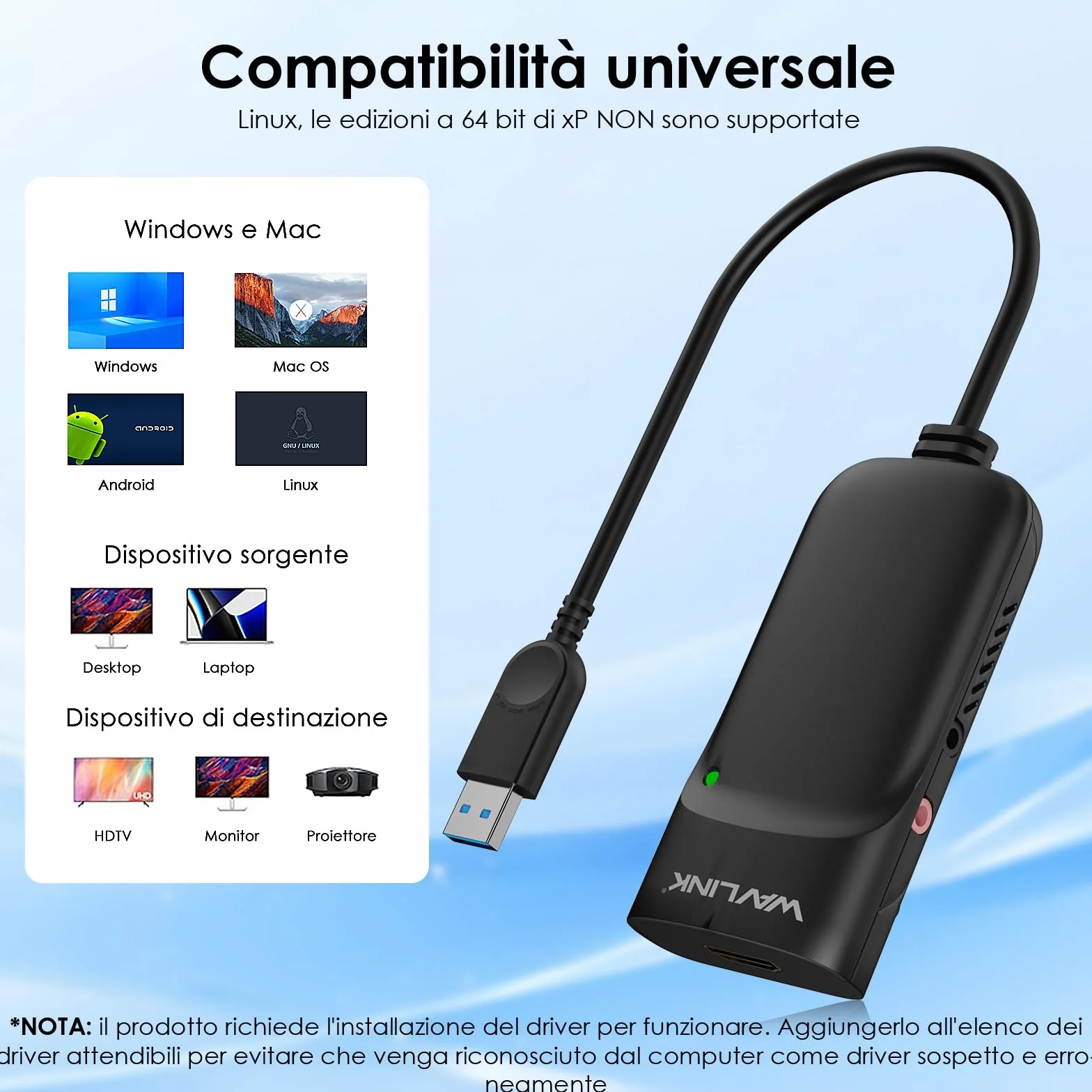 WAVLINK Adattatore USB C a HDMI, Adattatore HDMI 2K, Convertitore USB 3.0 a HDMI, Chip Displaylink supportano fino a 6 Monitor per Windows