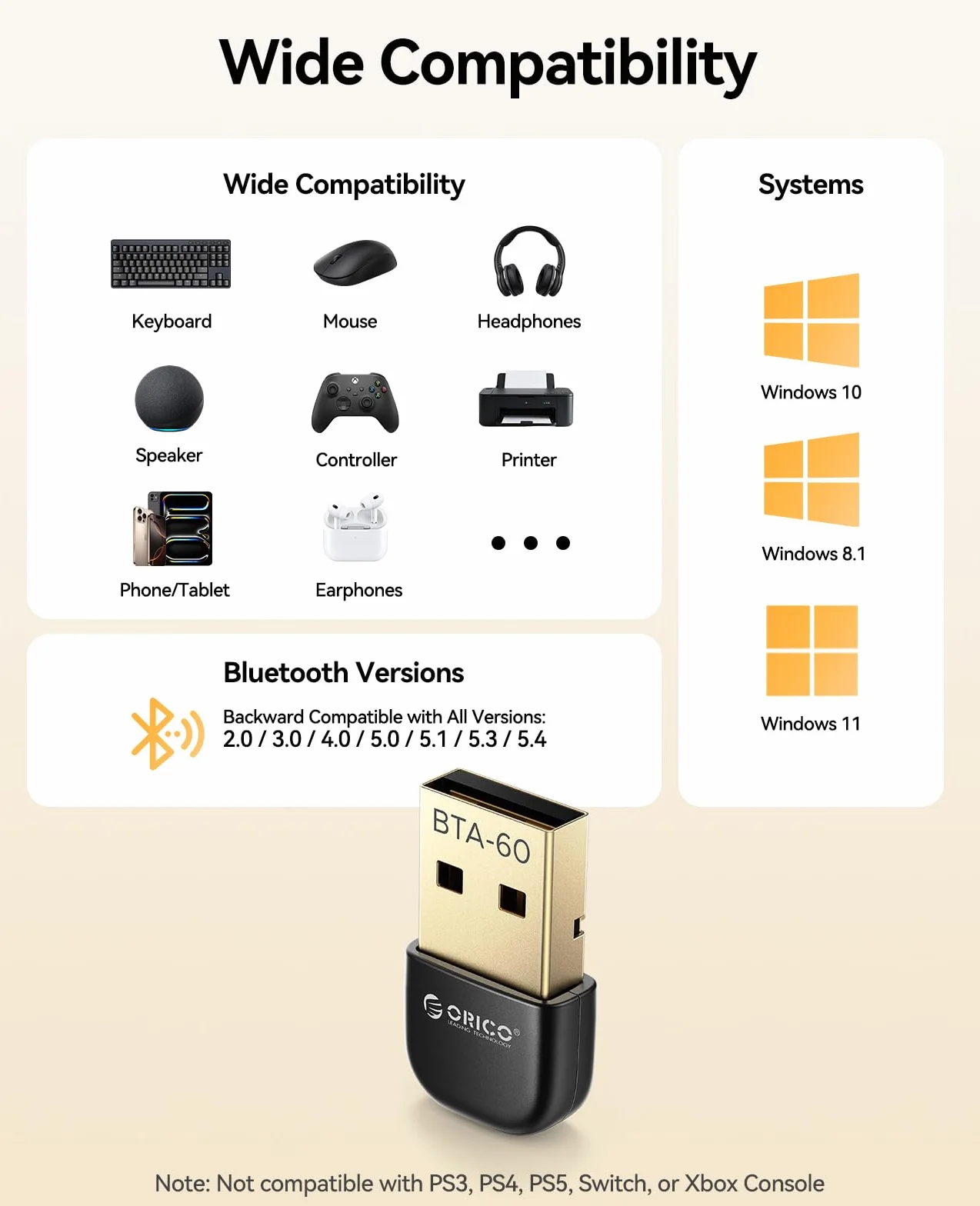 ORICO USB Bluetooth Adattatore – Portata 30m, velocità 3Mbps, dongle Bluetooth 6.0 EDR & BLE, compatibile Windows 8.1/10/11, per cuffie, tastiere, mouse, altoparlanti, stampanti (BTA-60)