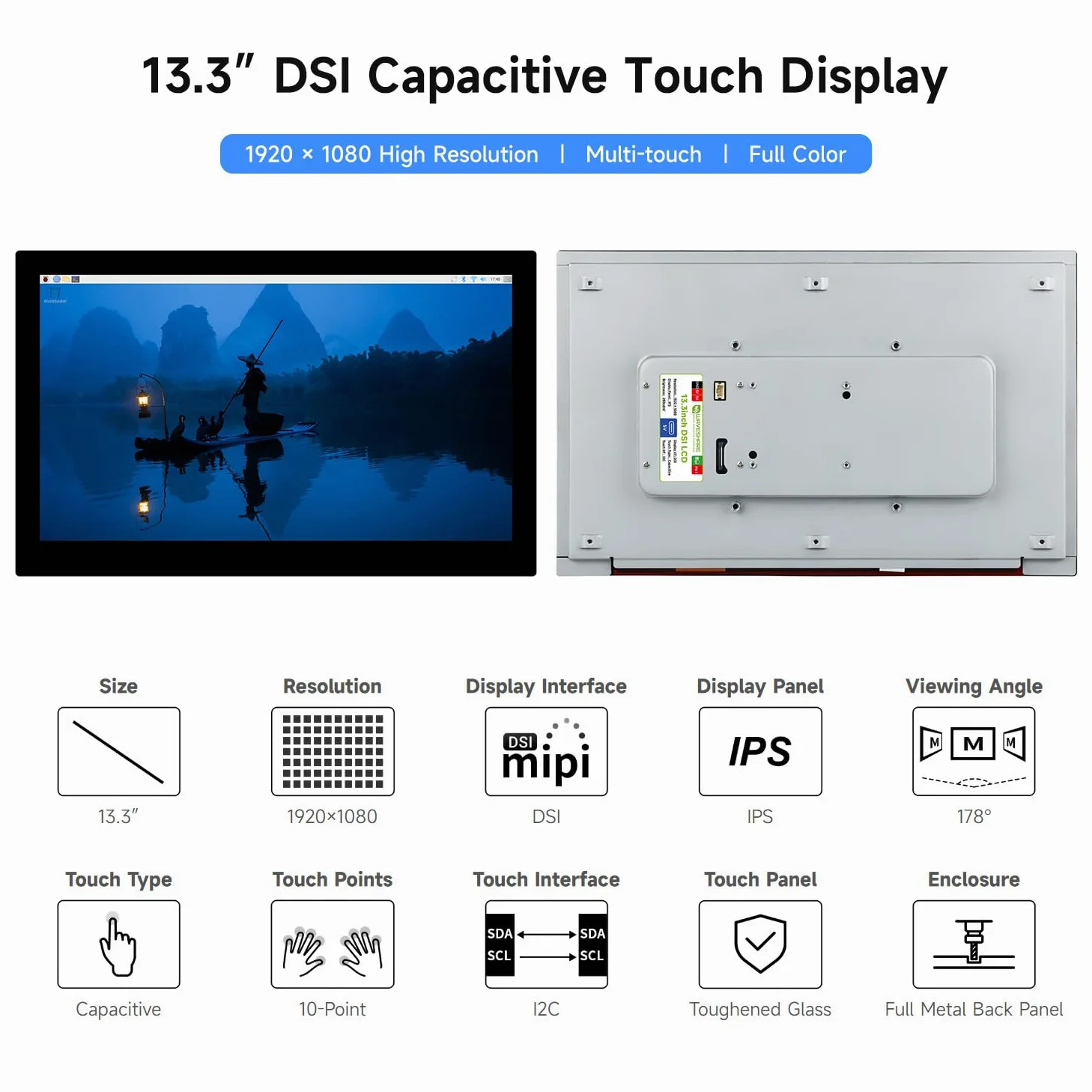 Waveshare 13.3inch High Resolution DSI Capacitive Touch Display for Raspberry Pi 5 / 4B / CM4 IO Board, 1920x1080, IPS, Toughened Glass Panel, DSI Interface, 10-Point Touch, Full Metal Back Panel