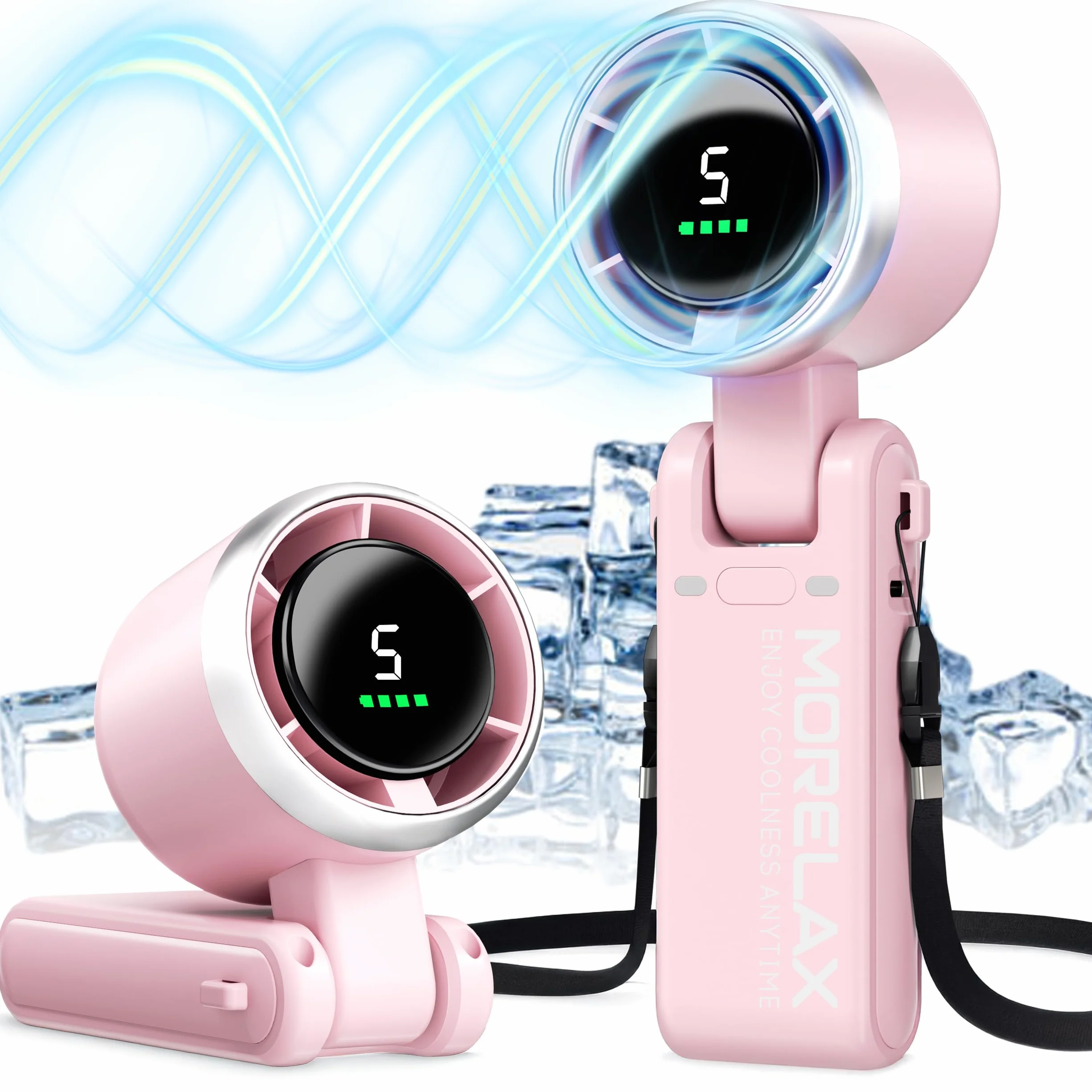 Morelax Ventilatore Portatile a Mano, Raffreddamento Turbo 10m/s, 5 Velocità con Display a LED, 4000 mAh, Ventilatore Pieghevoleda Scrivania/Collo/Tasca per Viaggi, Trucco, All'aperto, Rosa