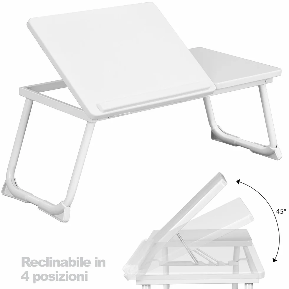BAKAJI Tavolino Vassoio da Letto Divano per Notebook PC Laptop Pieghevole Leggio 65x30cm, Tavolino Colazione da Letto (Bianco White)